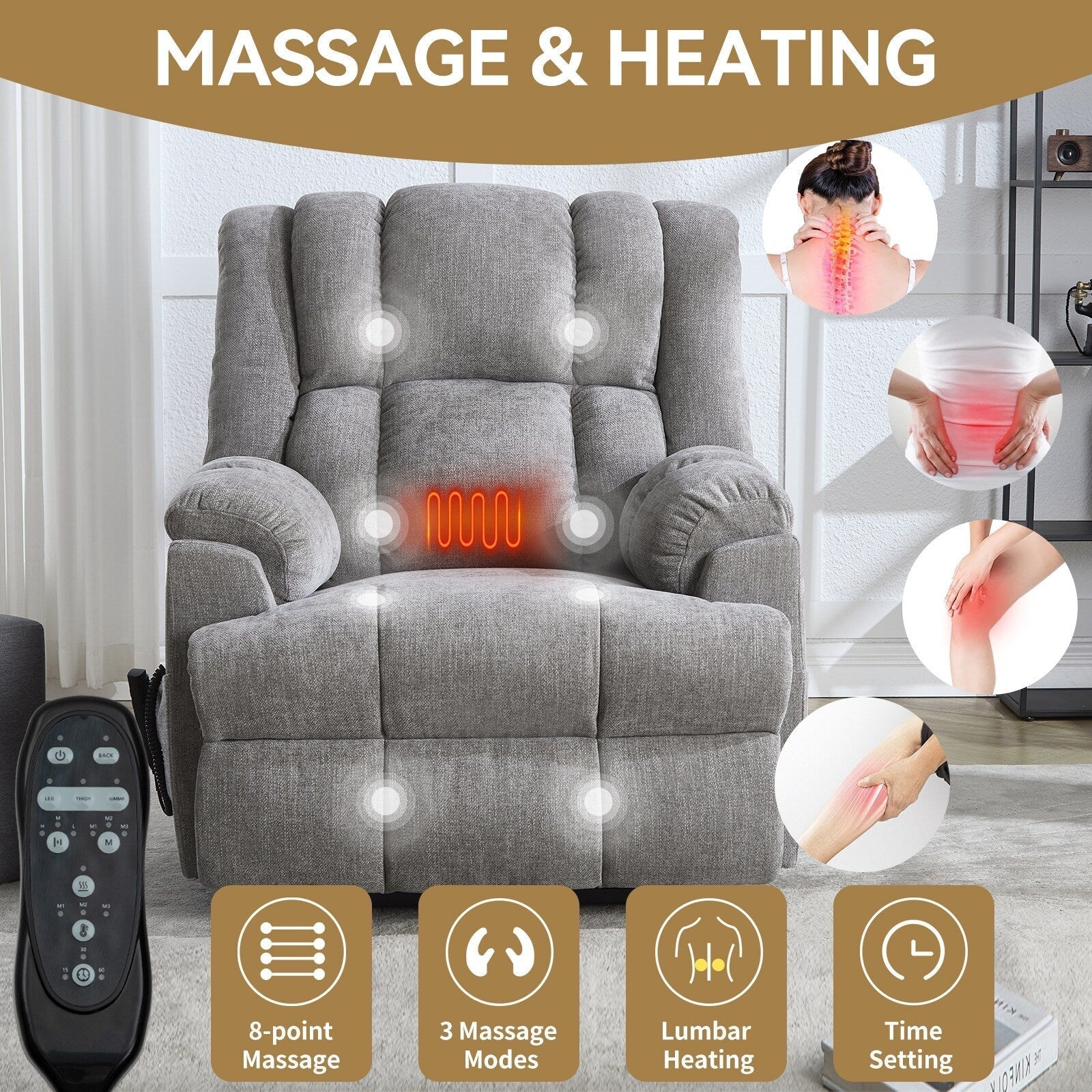Oversized Chenille Power Lift Recliner Chair with Massage and Lumbar Heating, Infinite Position Reclining
