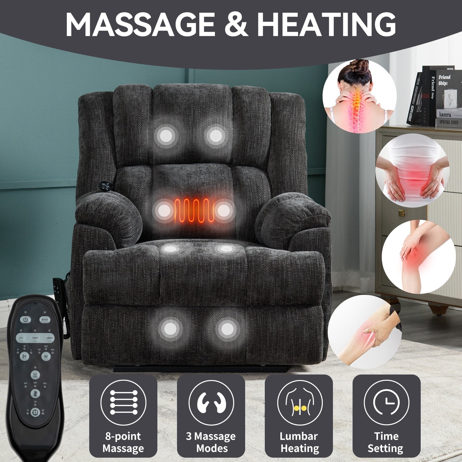 Oversized Chenille Power Lift Recliner Chair with Massage and Lumbar Heating, Infinite Position Reclining