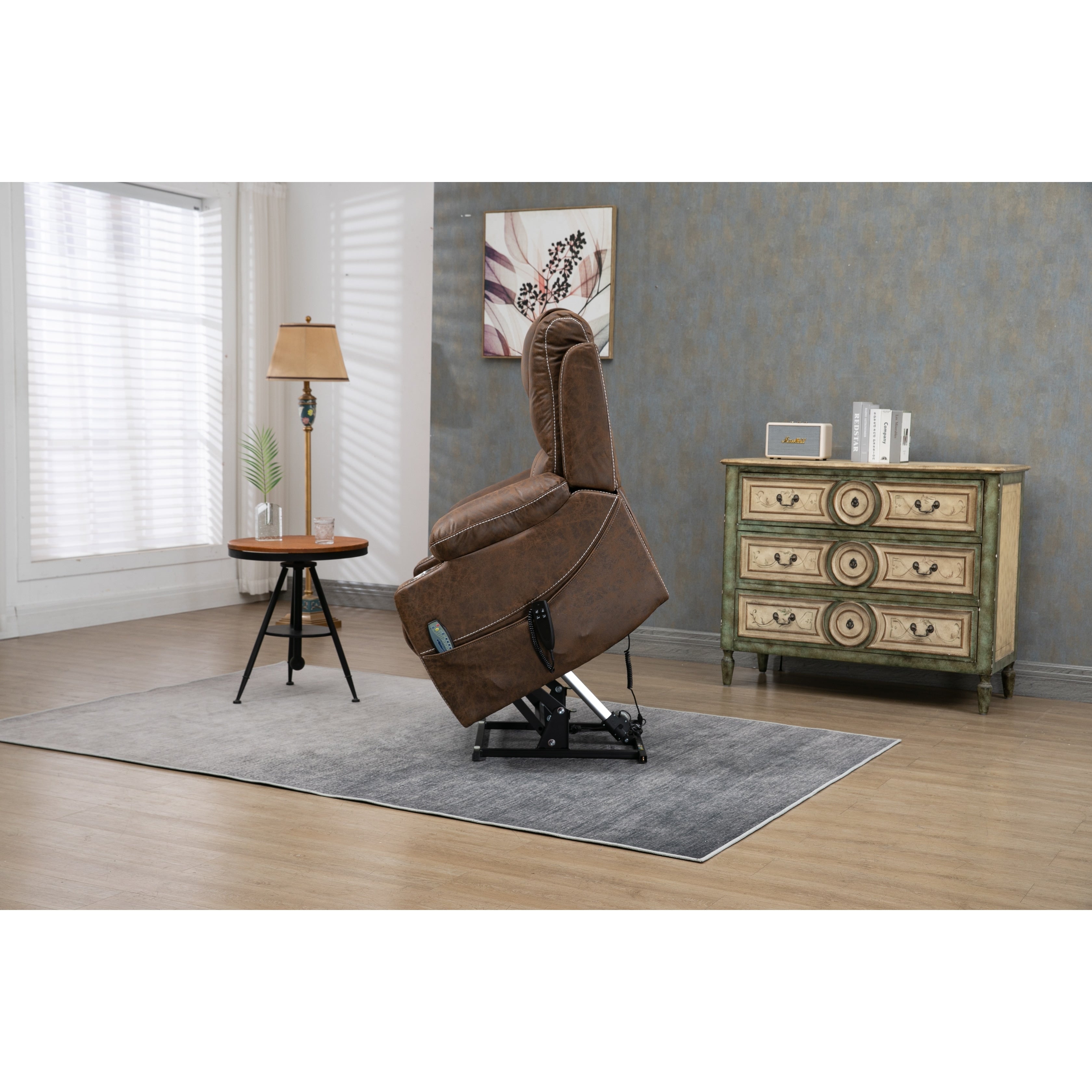 Oversized PU Leather Power Lift Recliner with Massage, Lumbar Heating, Cup Holder, 180° Flat Lay
