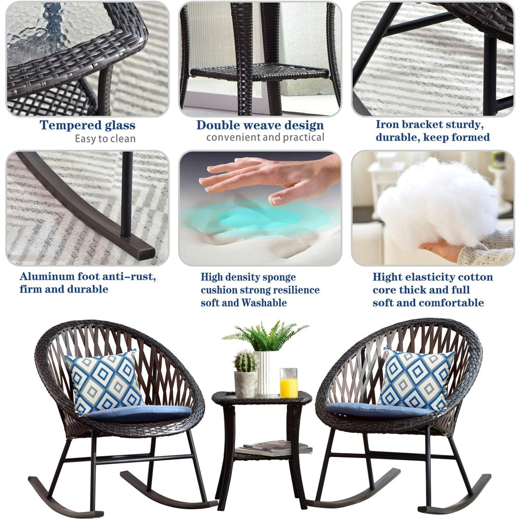 OVIOS 3-piece Patio Rocking Chair Bistro Set with Glass Coffee Table