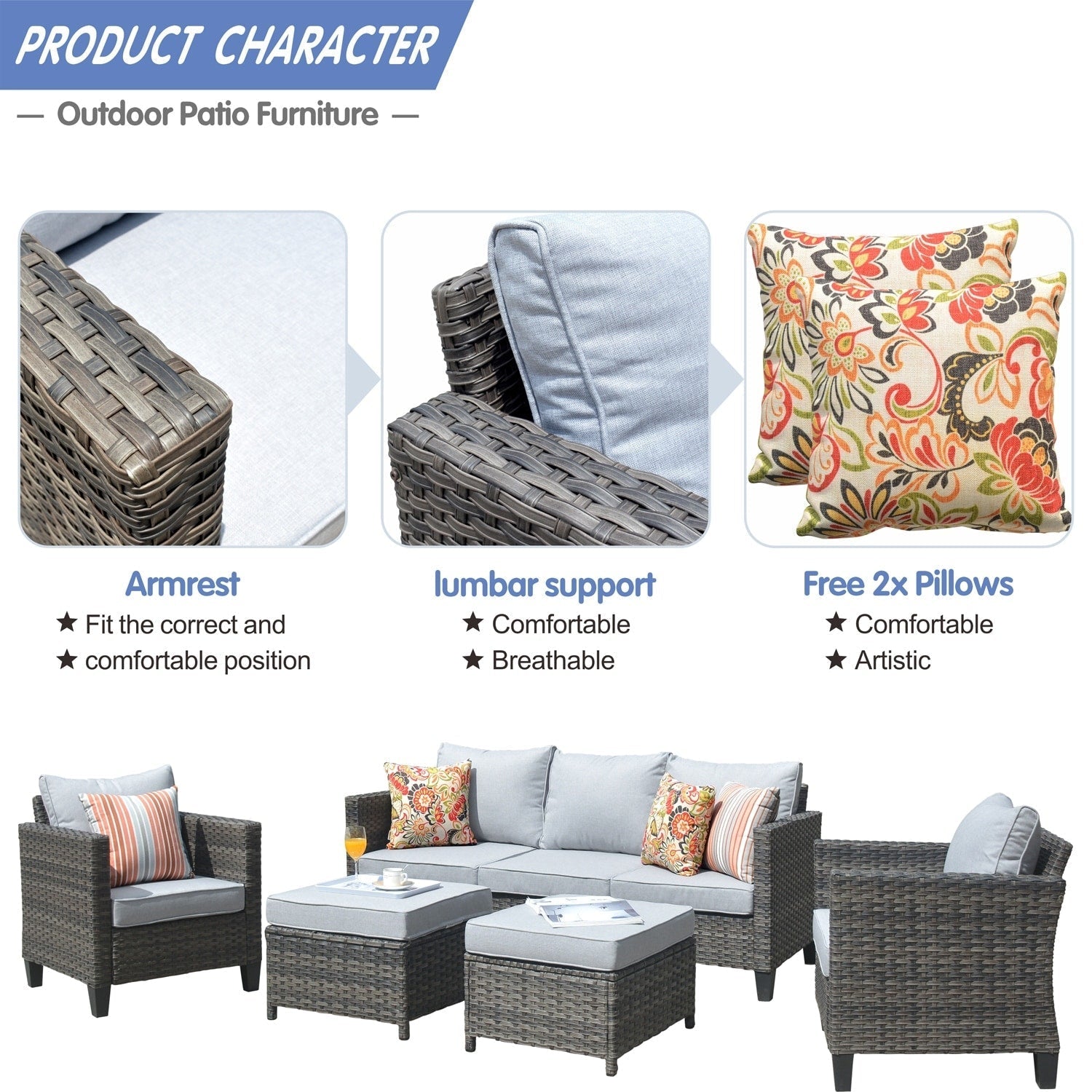 OVIOS 5-piece Patio Furniture Wicker Outdoor High-back Seating Set