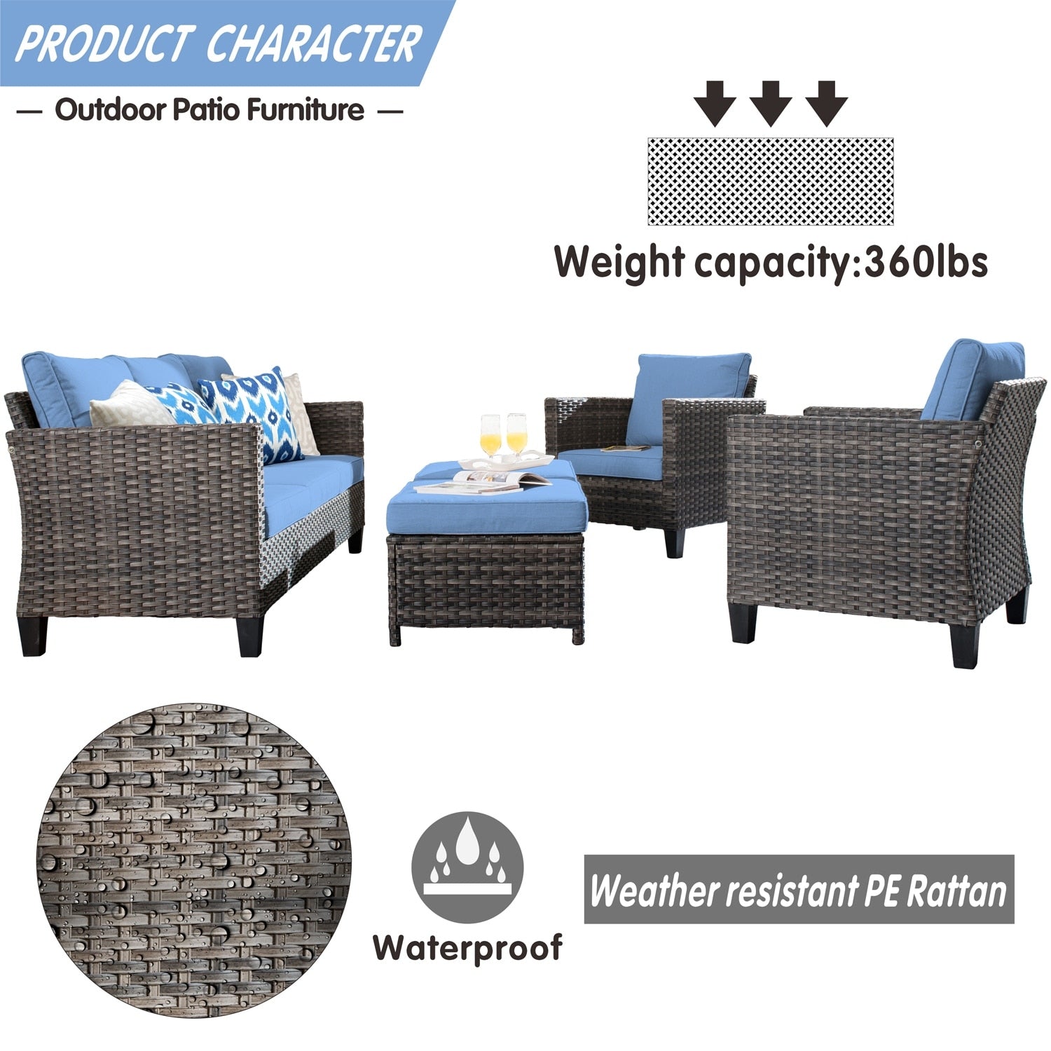 OVIOS 5-piece Patio Furniture Wicker Outdoor High-back Seating Set