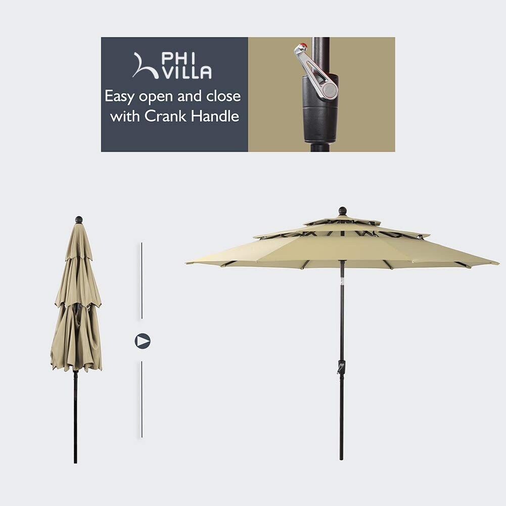 MAISON ARTS 6-Piece Patio Dining Set with 10ft 3 Tier Auto-tilt Umbrella: 4 Metal Outdoor Chairs 1 Metal Square Dining Table