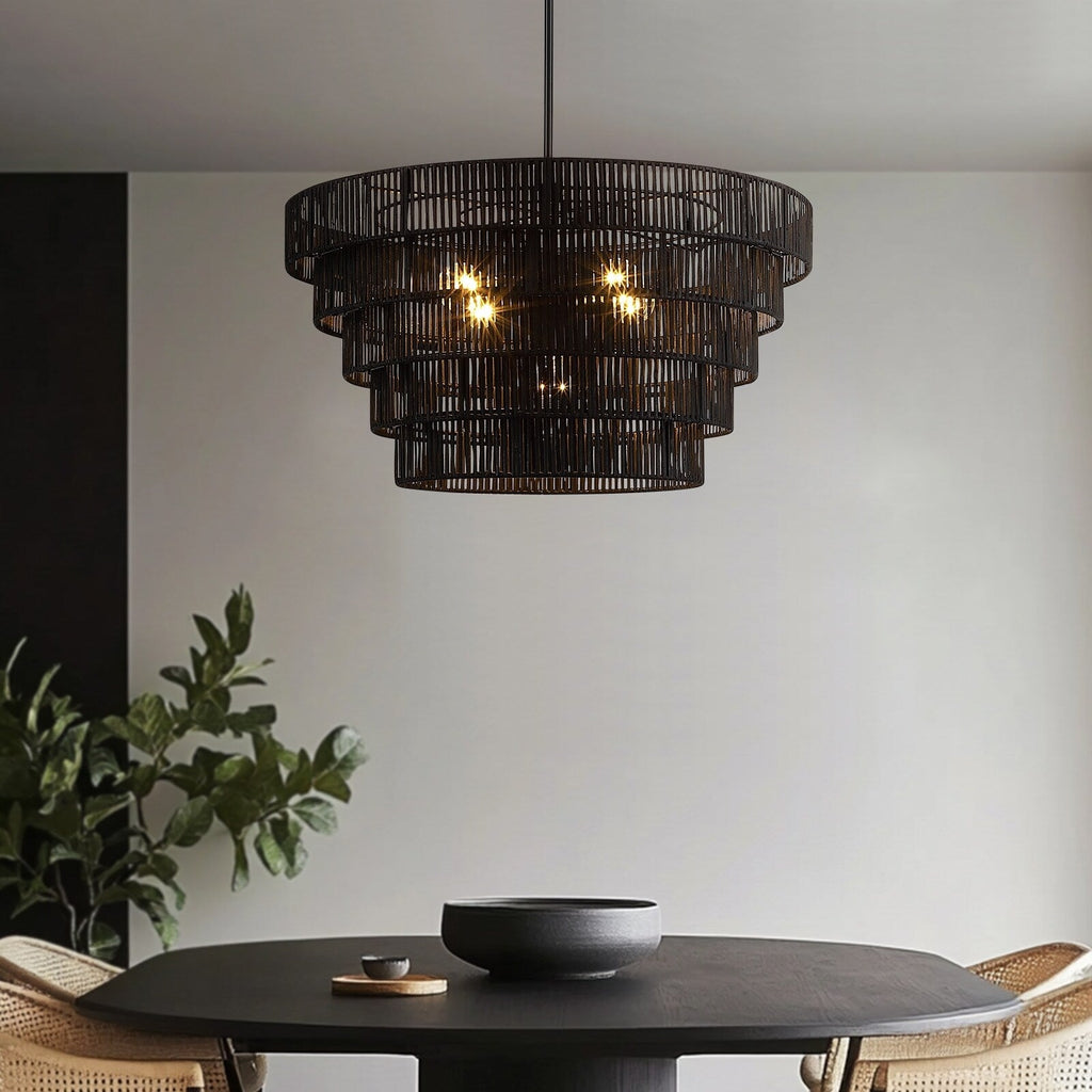 Piersan 5-Light Modern Bohemian Chandelier with Tiered Rattan Shade - 26 in. W