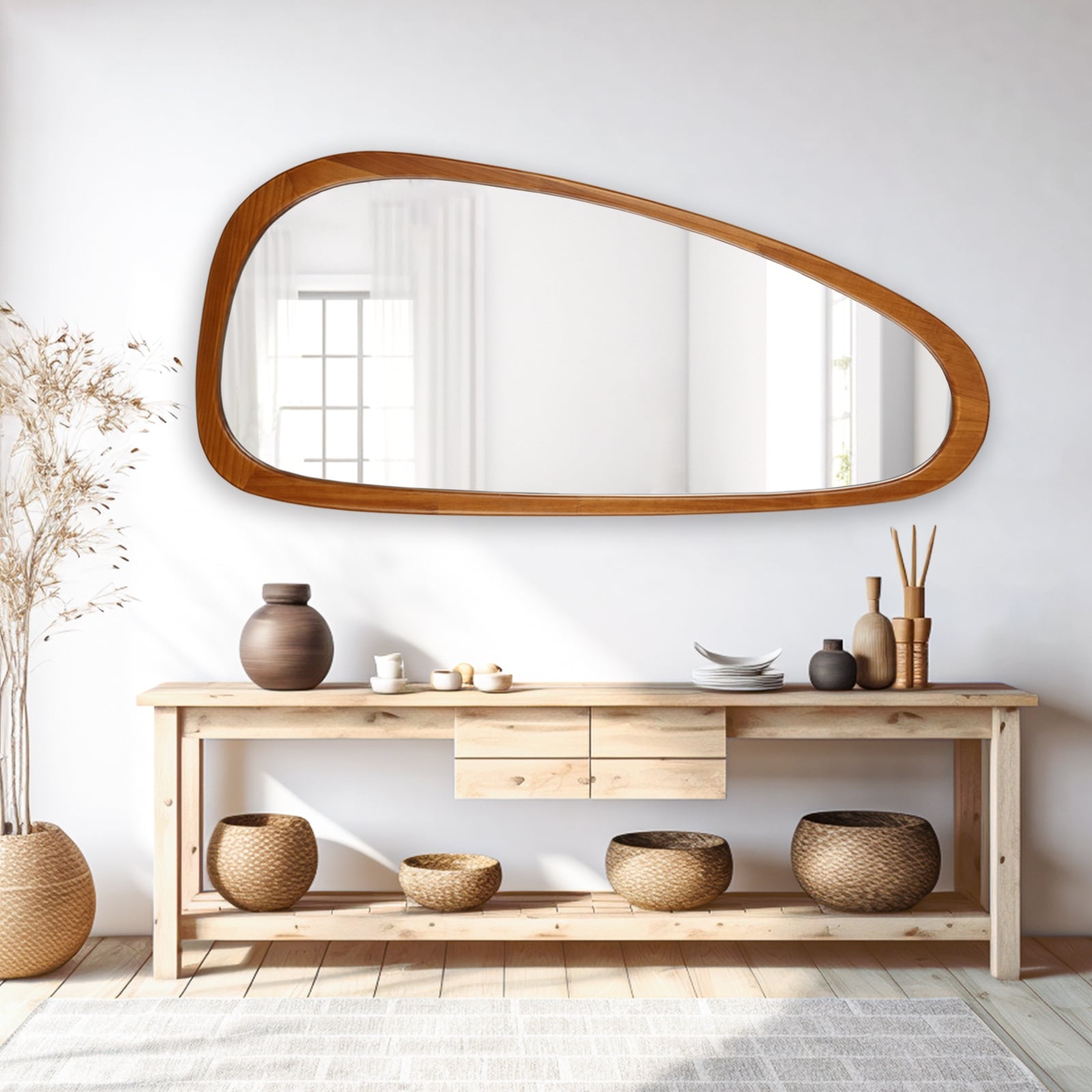 Pine Frame Cobblestone Shaped Asymmetrical Wall Mirror