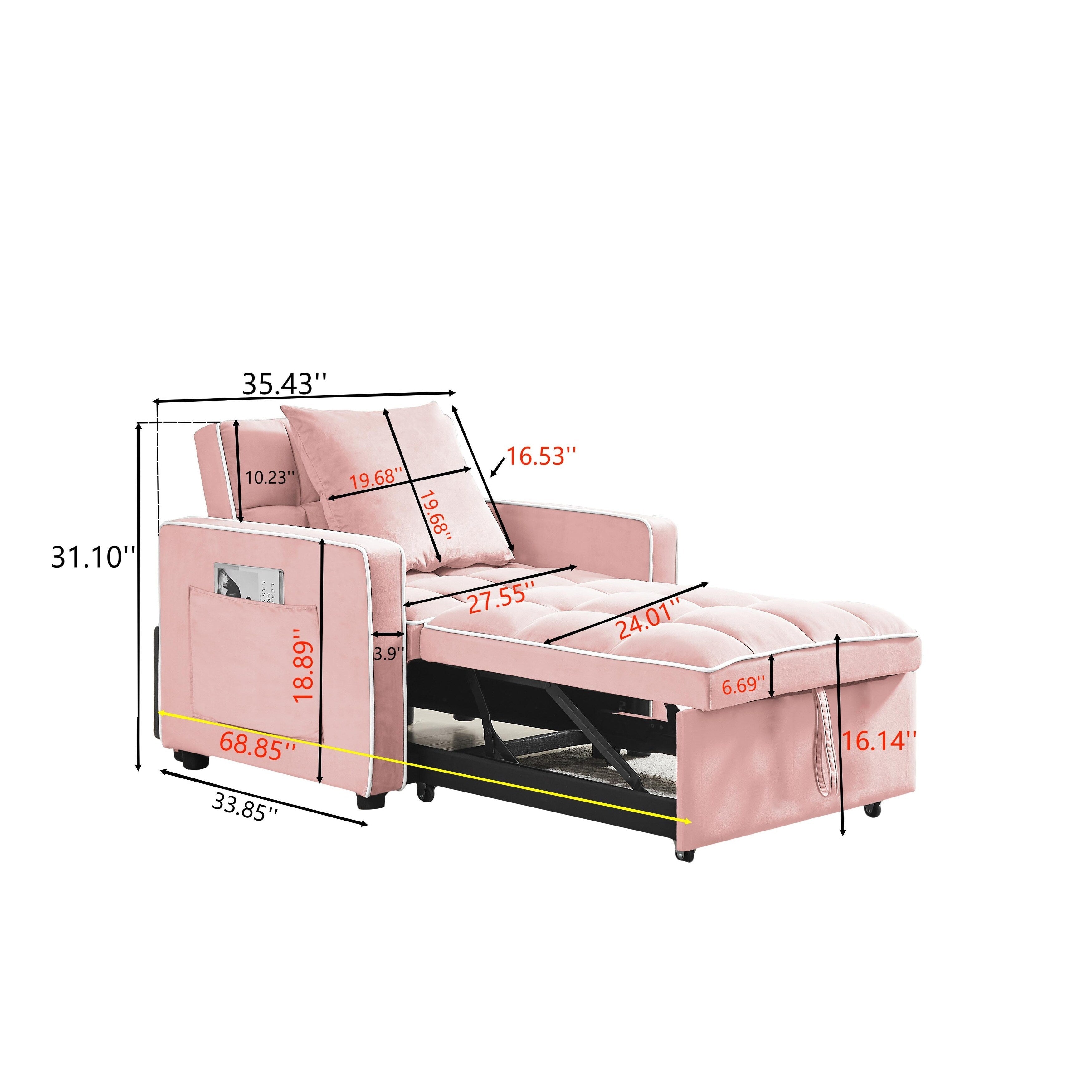 Pink Velvet Single Sofa Bed with Adjustable Back