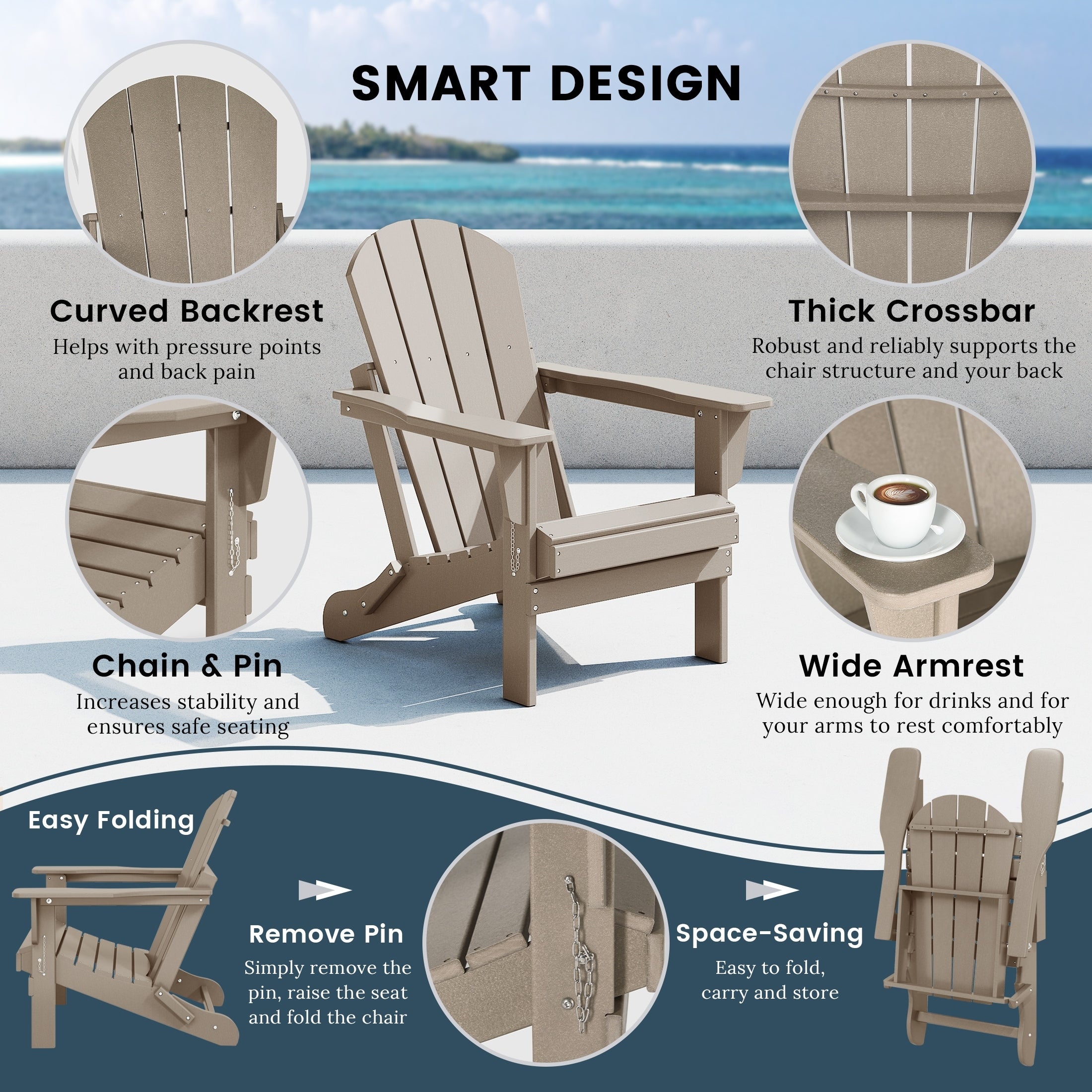 Polytrends Laguna Fade Resistant All Weather Outdoor Patio Folding Adirondack Chair