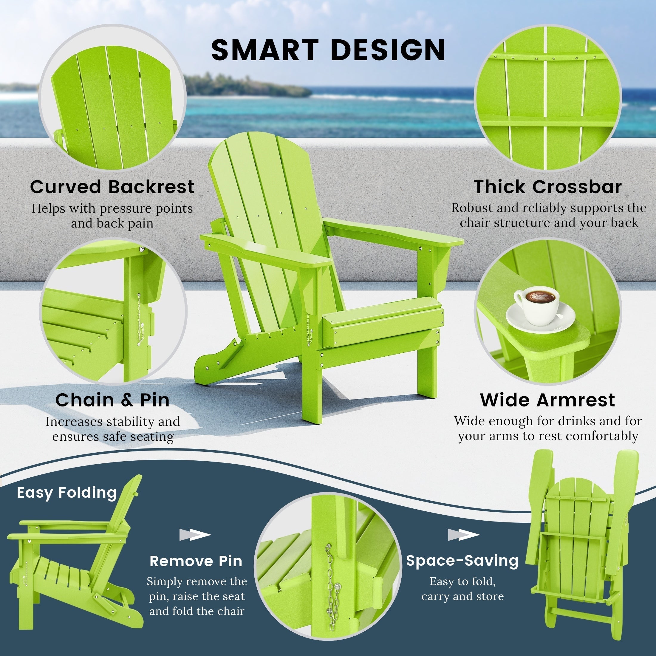 Polytrends Laguna Fade Resistant All Weather Outdoor Patio Folding Adirondack Chair
