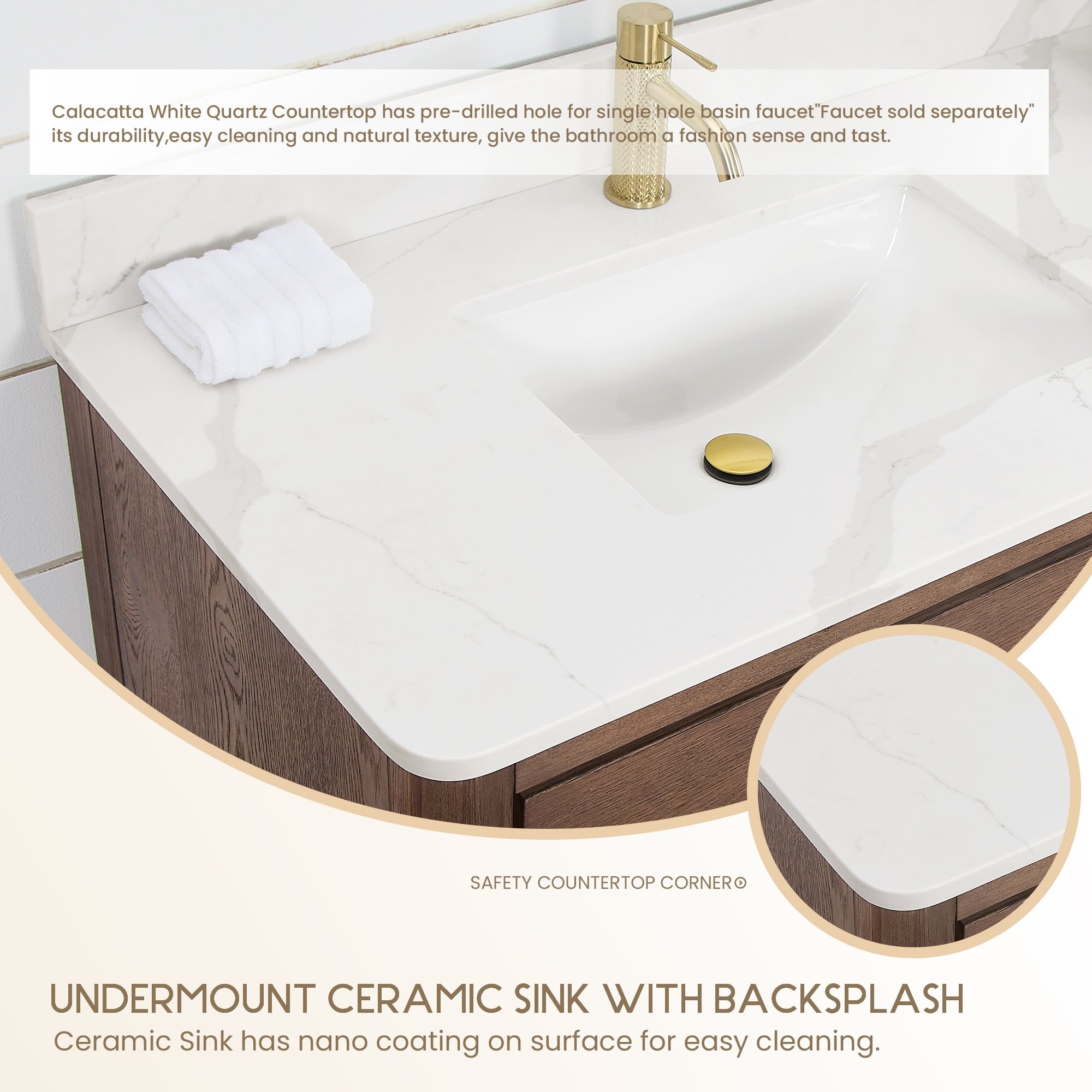 Porto Bath Vanity with White Quartz Stone Top without Mirror