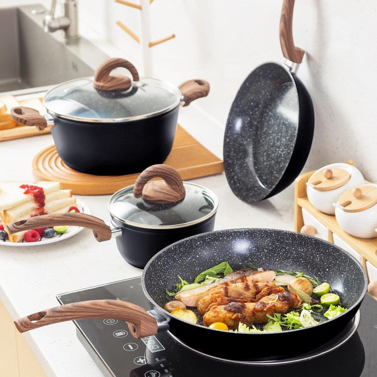 Pots and Pans Set Non Stick, Ceramic Cookware Set with Pattern, Induction Kitchen Cooking Sets w/Frying Pans,Casserole with Lids