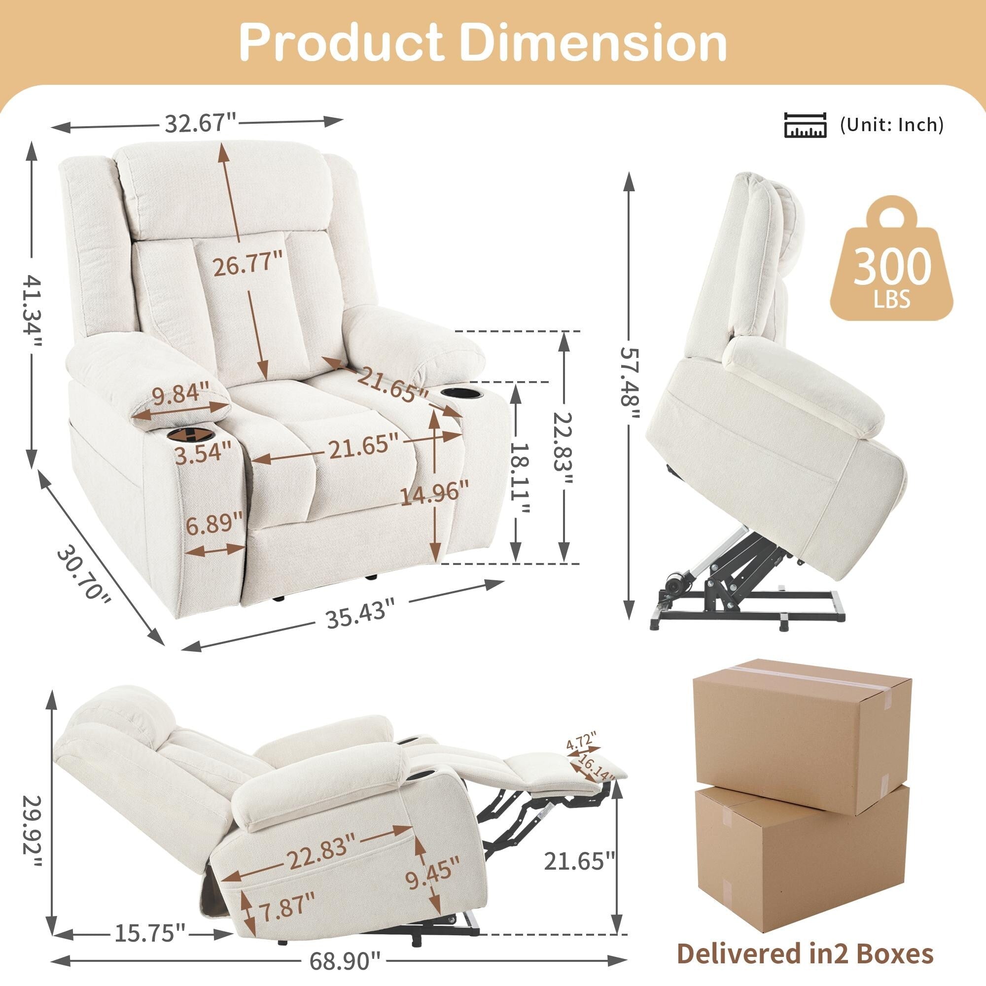 Power Lift Recliner Chair for Elderly, Fabric Lift Chairs w/ Extended Footrest, with 2 Cup Holders,Side Pockets, Remote Control