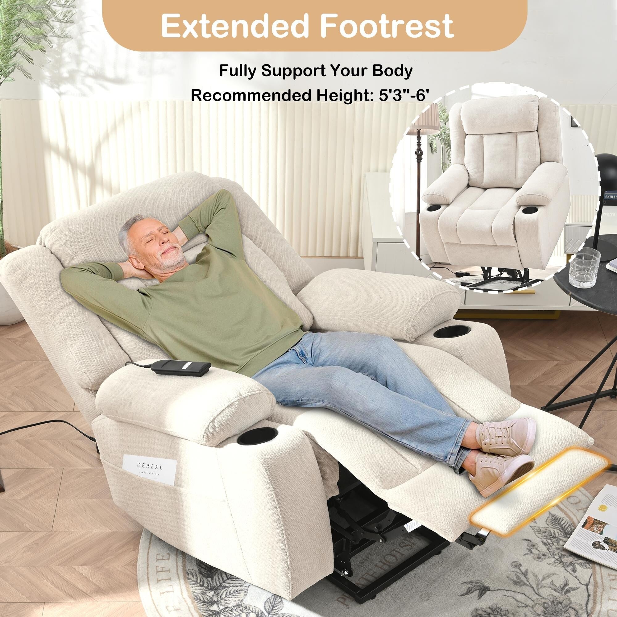 Power Lift Recliner Chair for Elderly, Fabric Lift Chairs w/ Extended Footrest, with 2 Cup Holders,Side Pockets, Remote Control