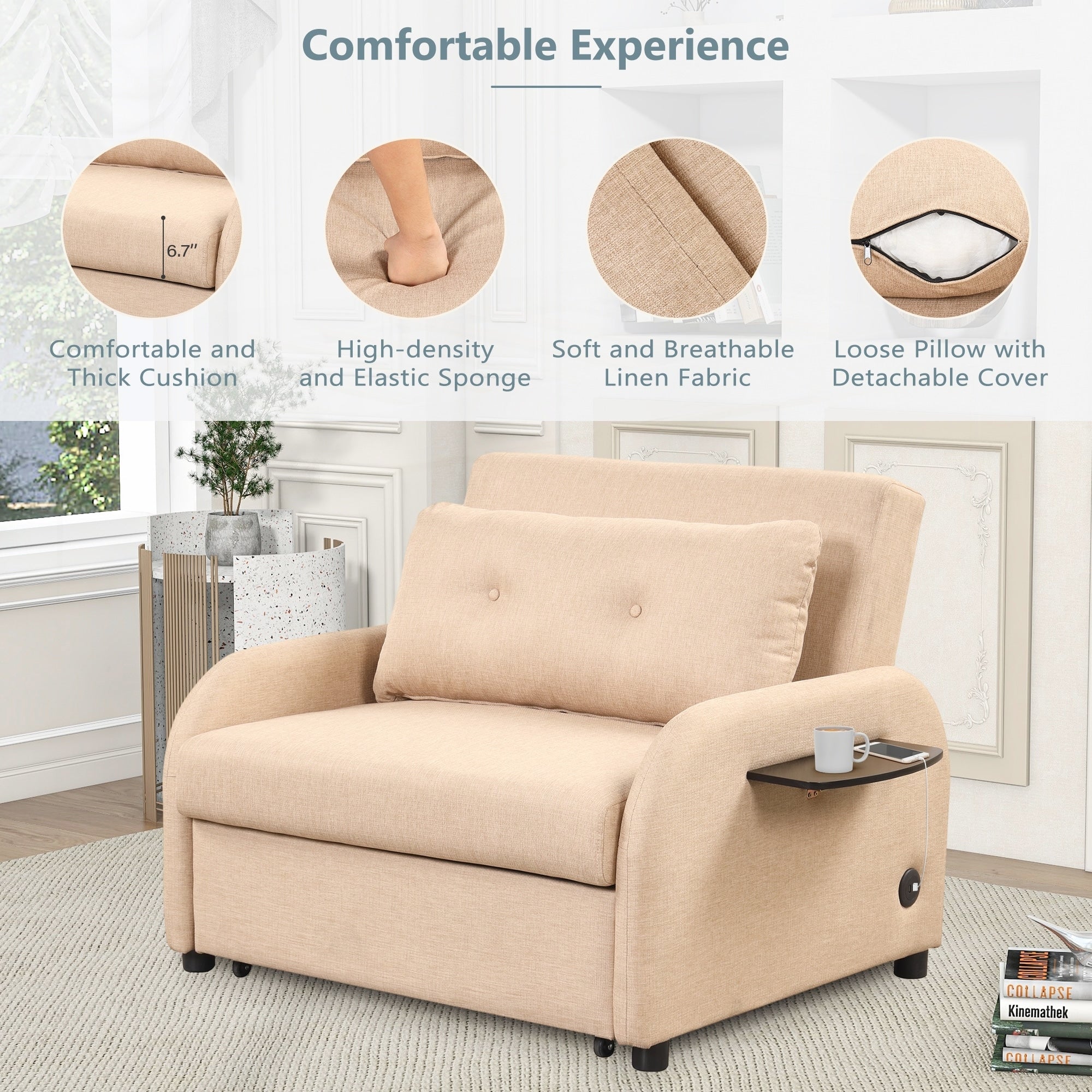 Pull Out Sofa Sleeper 3 in 1 with 2 Wing Table