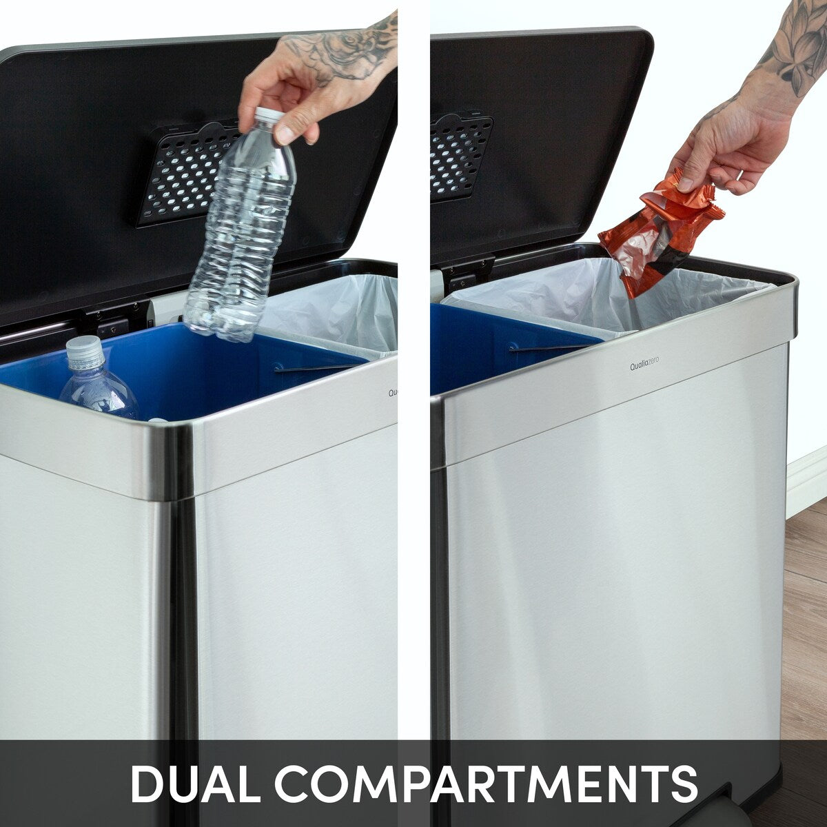 Qualiazero 16 Gal (8 Gal dual unit) Rectangular Recycle Step Can - Stainless Steel