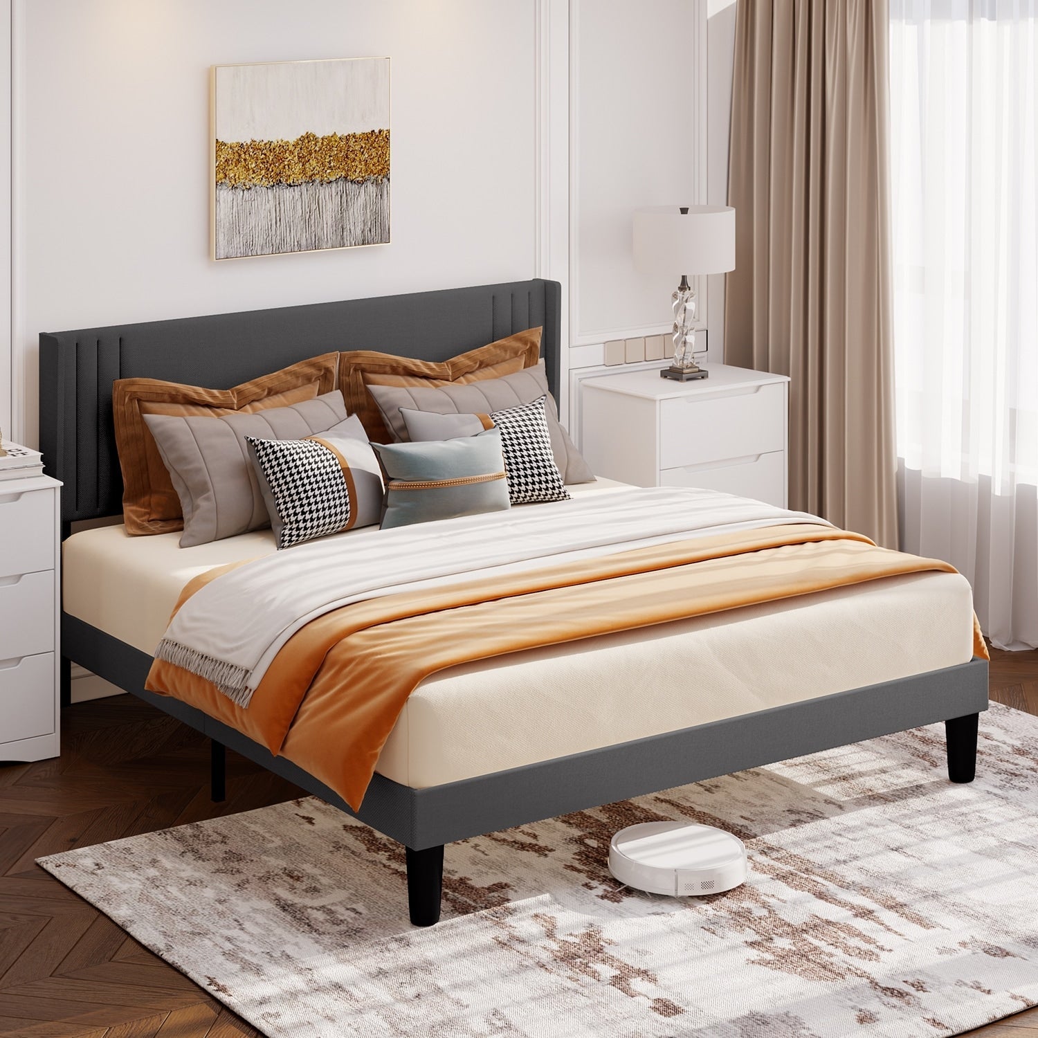 Queen/ Full Vertical Channels Upholstered Bed with Wingback Headboard