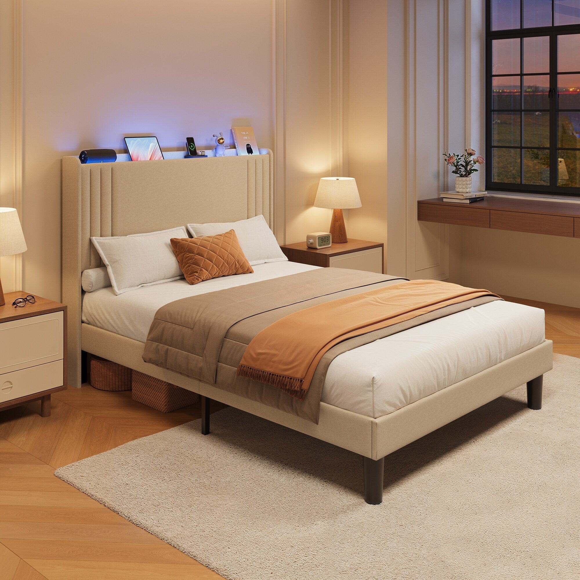 Queen/ Full Vertical Channels Upholstered Bed with Wingback Headboard
