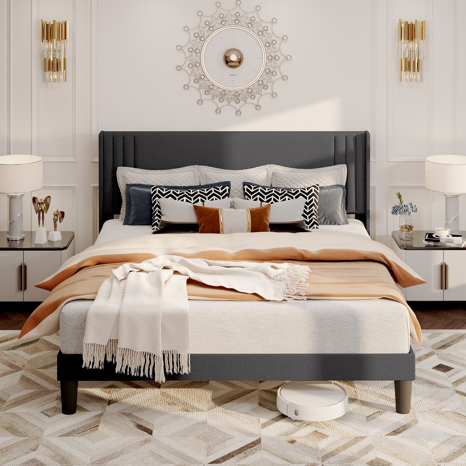 Queen/ Full Vertical Channels Upholstered Bed with Wingback Headboard