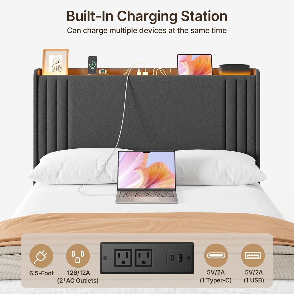 Queen/ Full Vertical Channels Upholstered Bed with Wingback Headboard