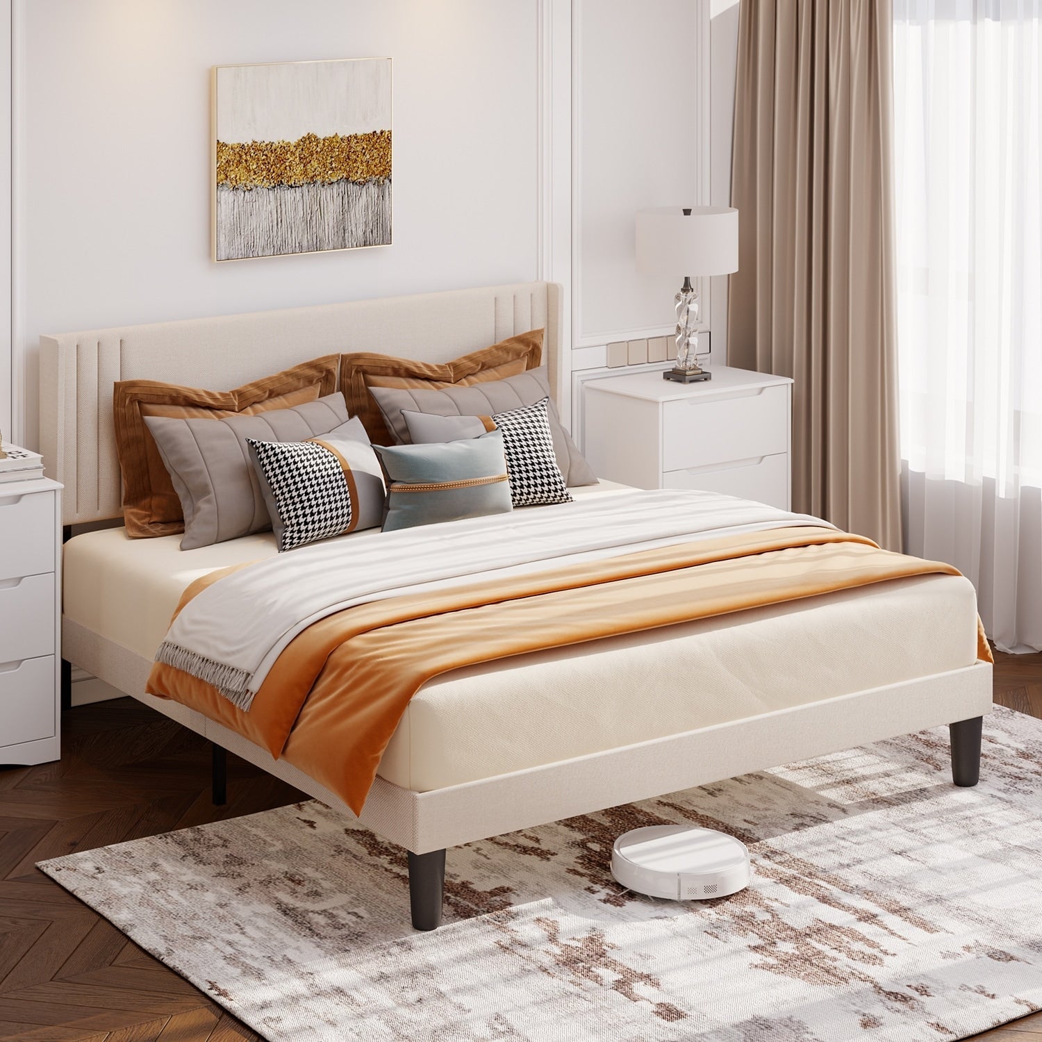 Queen/ Full Vertical Channels Upholstered Bed with Wingback Headboard