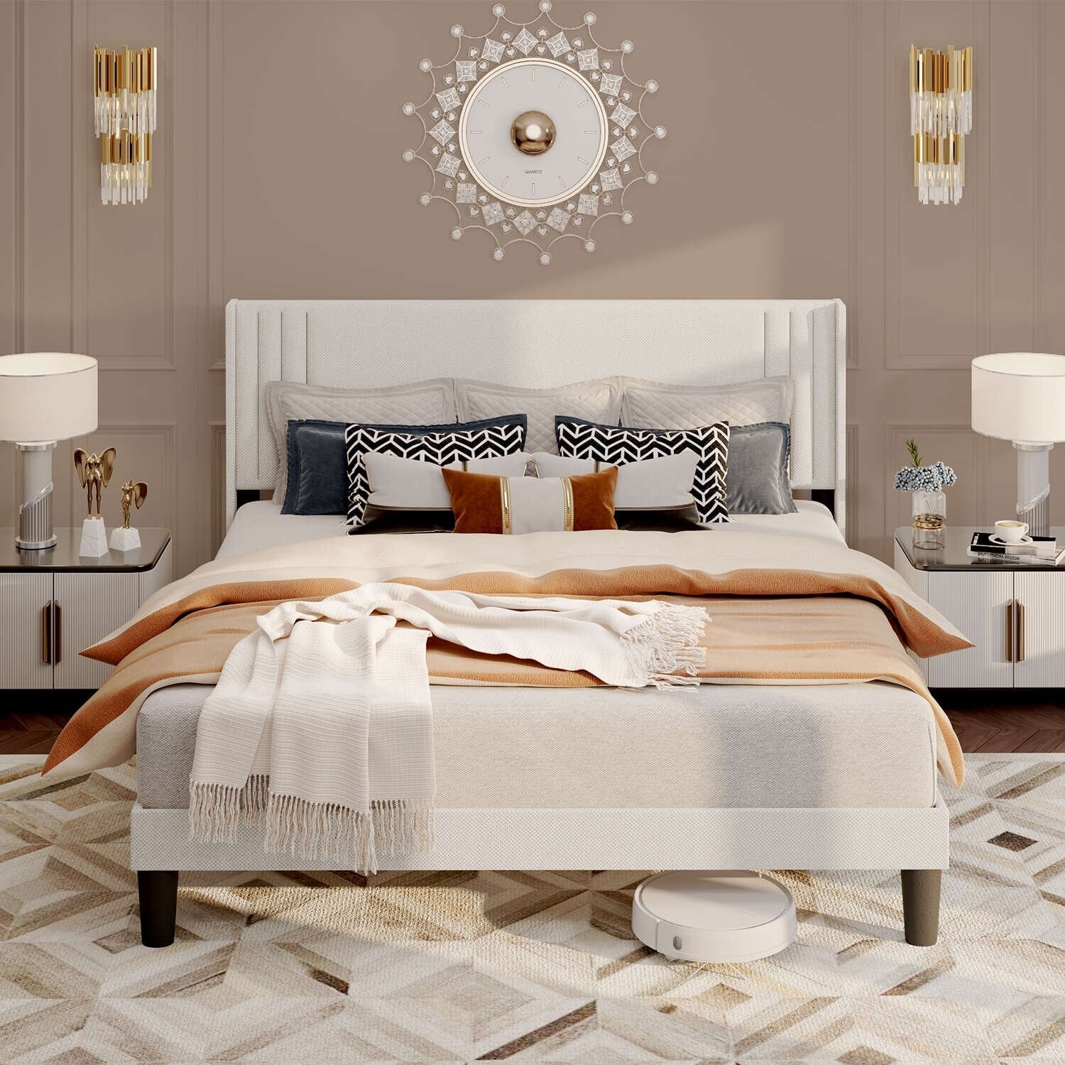 Queen/ Full Vertical Channels Upholstered Bed with Wingback Headboard