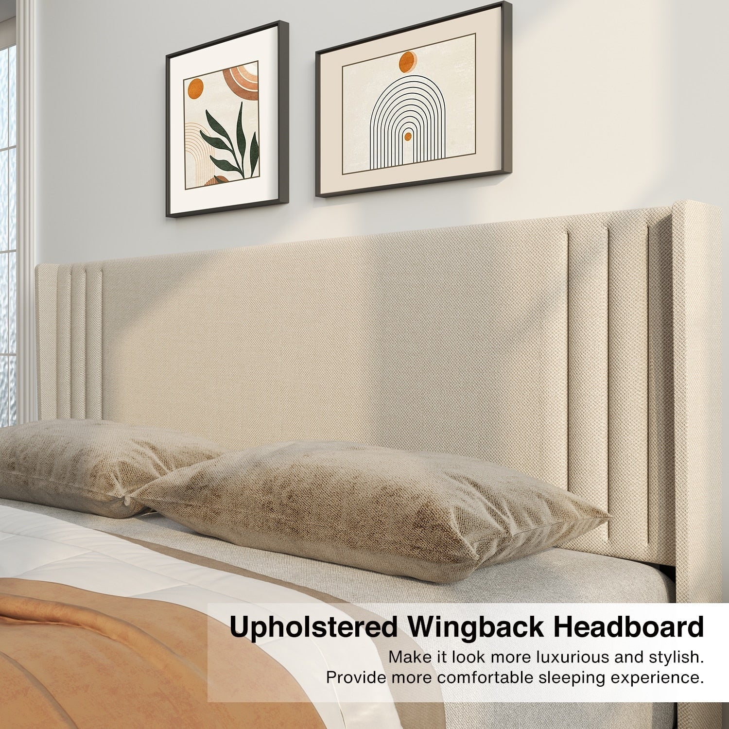 Queen/ Full Vertical Channels Upholstered Bed with Wingback Headboard
