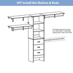 Rackcog 120'' Adjustable Closet Organizer with Drawers, Closet System with DIY Shelves for Reach-in and Walk-in Closet