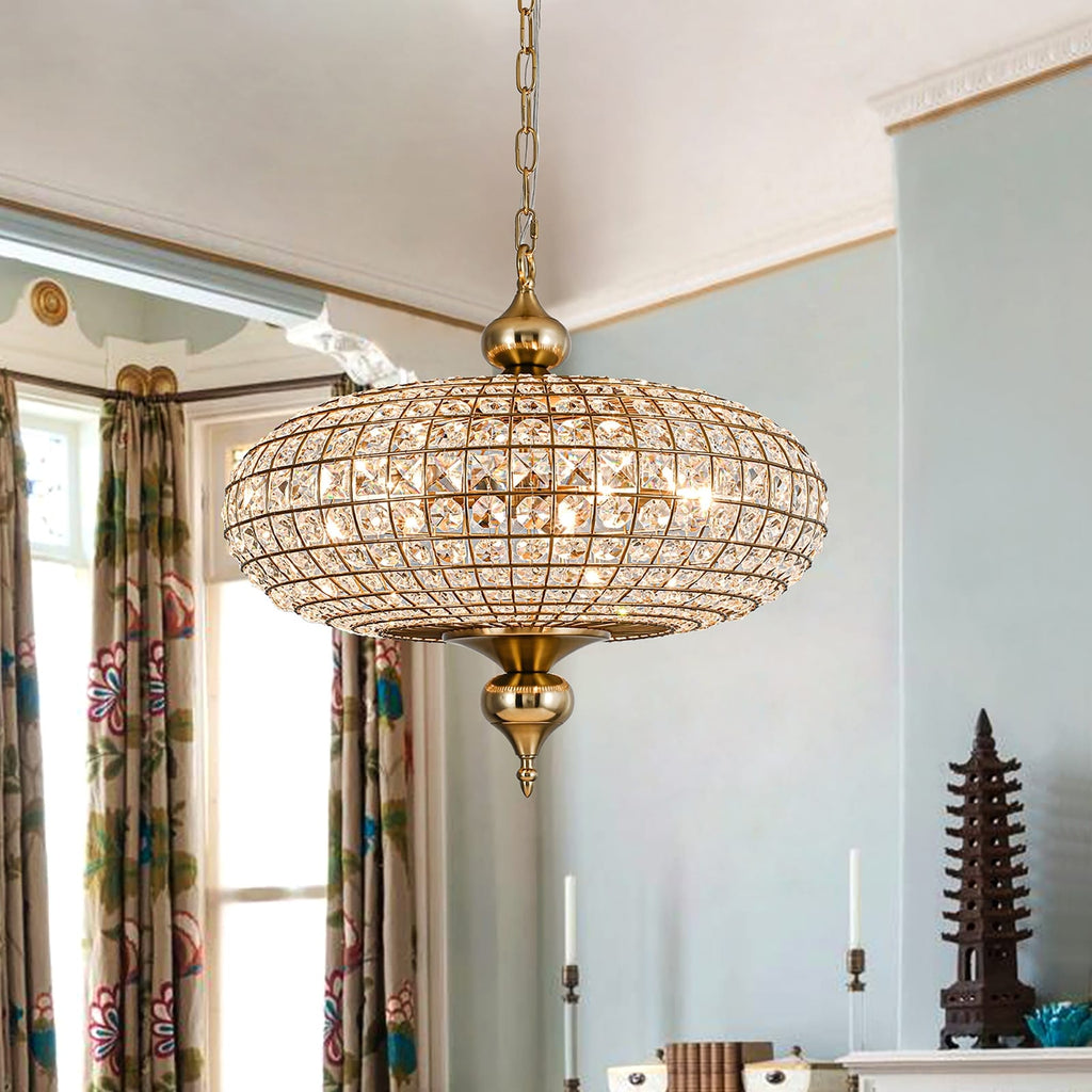 Retro French 4/5-Light Antique Brass Globe Crystal Chandelier Kitchen Island Pendant