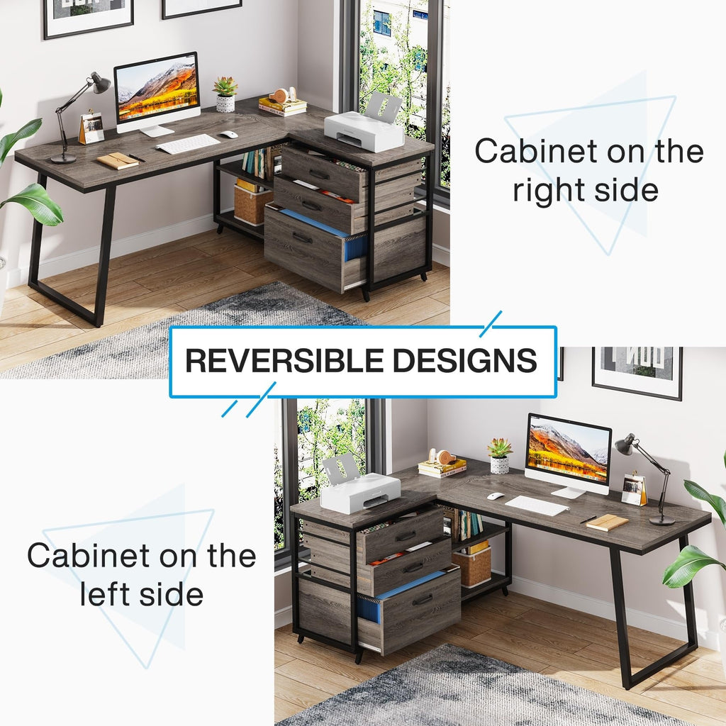 Reversible L Shaped Desk With File Drawers, Corner Computer Desk