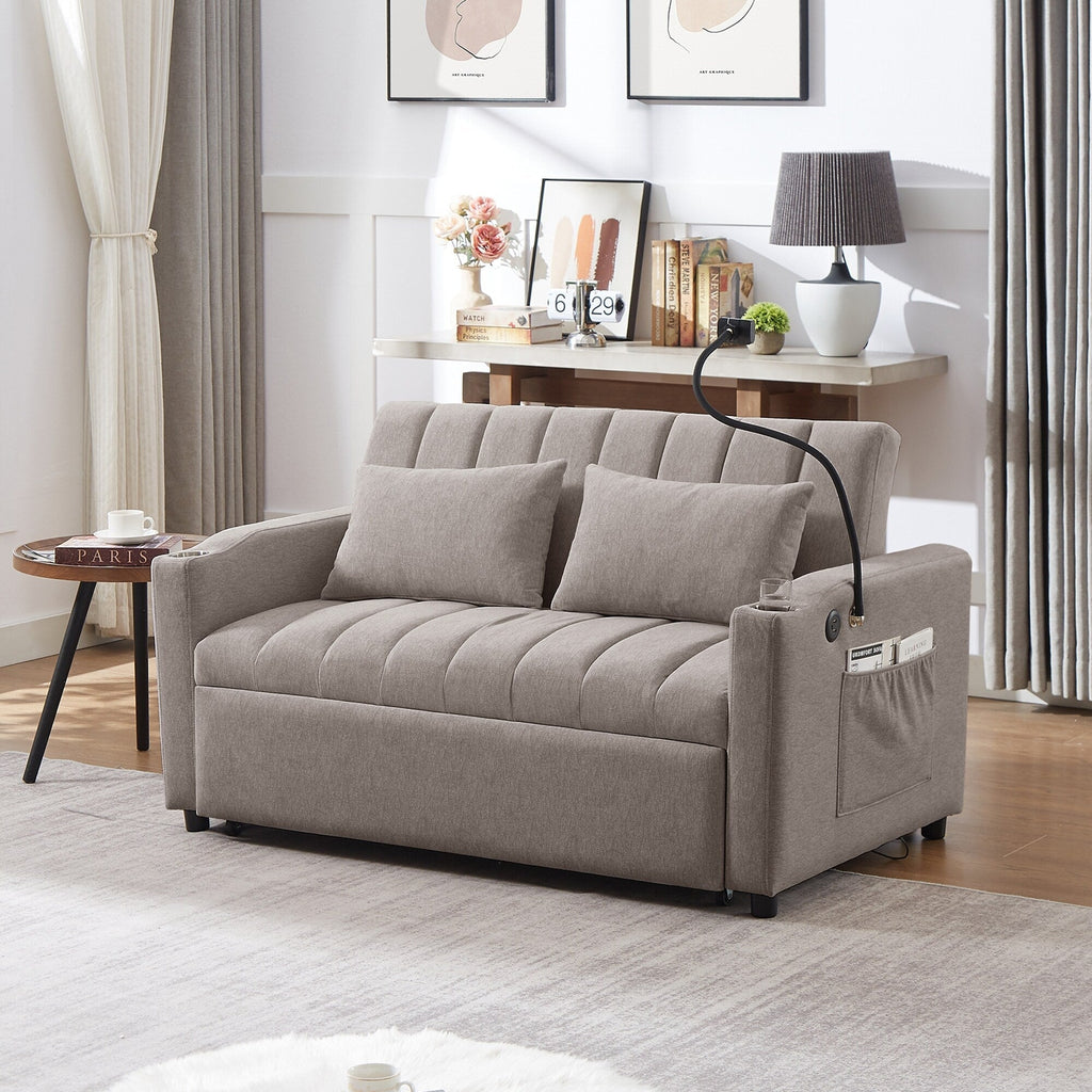 Roomfitters Convertible Loveseat Sofa Bed with USB Ports, Side Pockets, Cup Holders, and Swivel Phone Holder for Living Room
