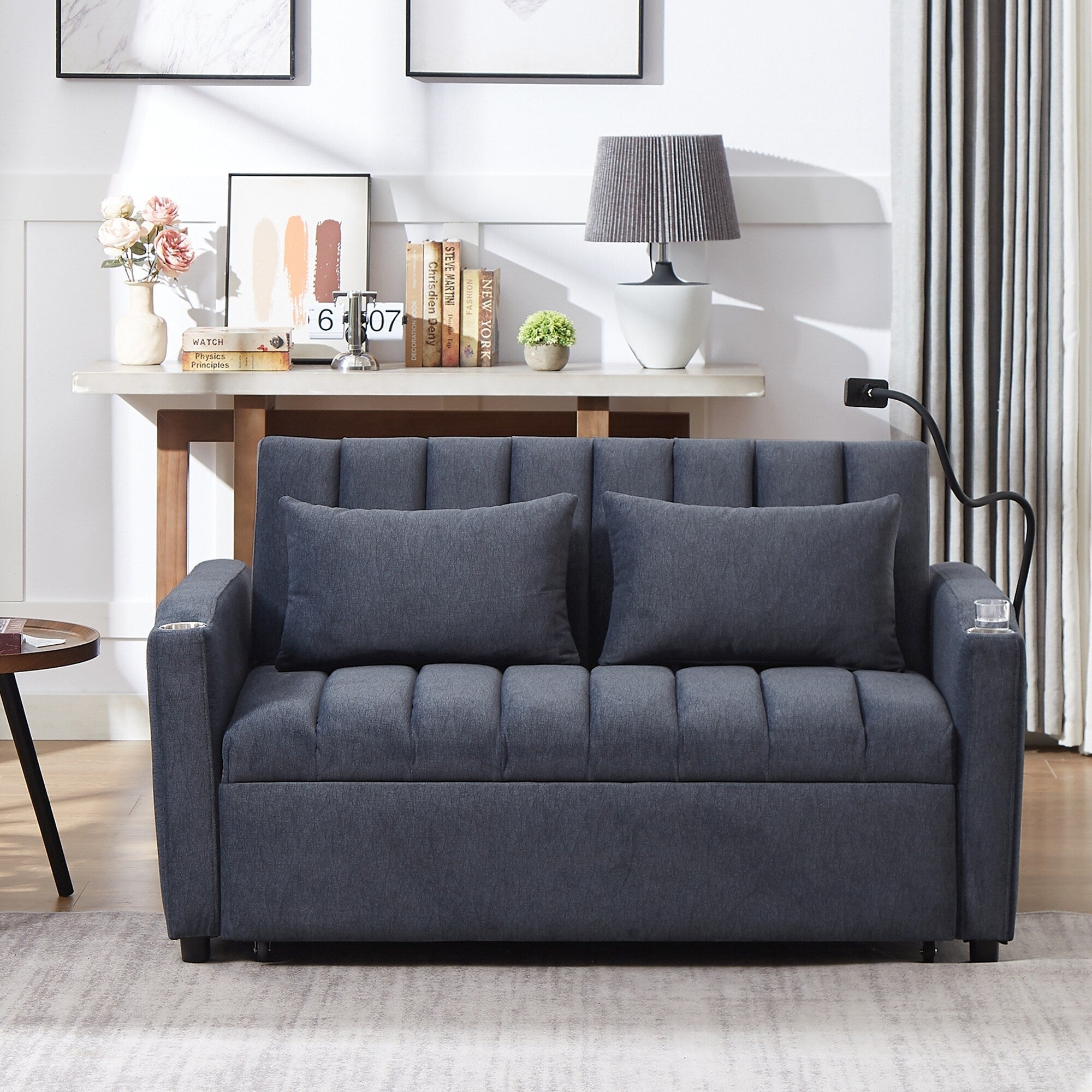 Roomfitters Convertible Loveseat Sofa Bed with USB Ports, Side Pockets, Cup Holders, and Swivel Phone Holder for Living Room