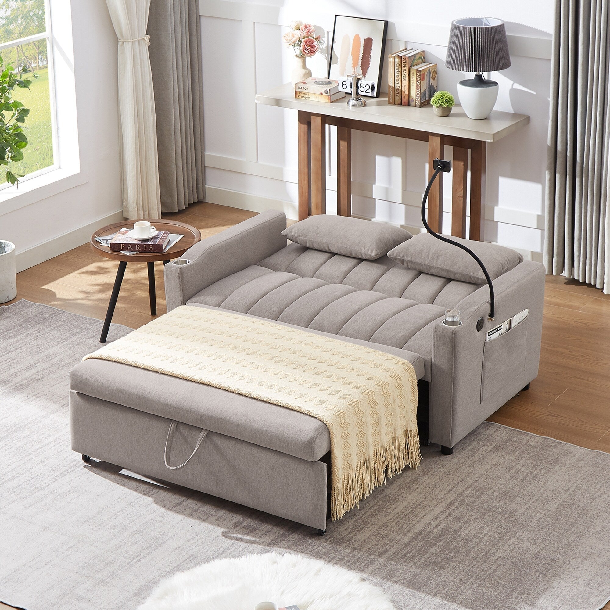 Roomfitters Convertible Loveseat Sofa Bed with USB Ports, Side Pockets, Cup Holders, and Swivel Phone Holder for Living Room
