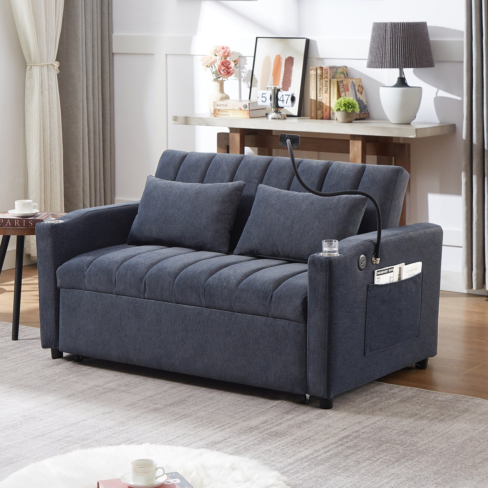 Roomfitters Convertible Loveseat Sofa Bed with USB Ports, Side Pockets, Cup Holders, and Swivel Phone Holder for Living Room