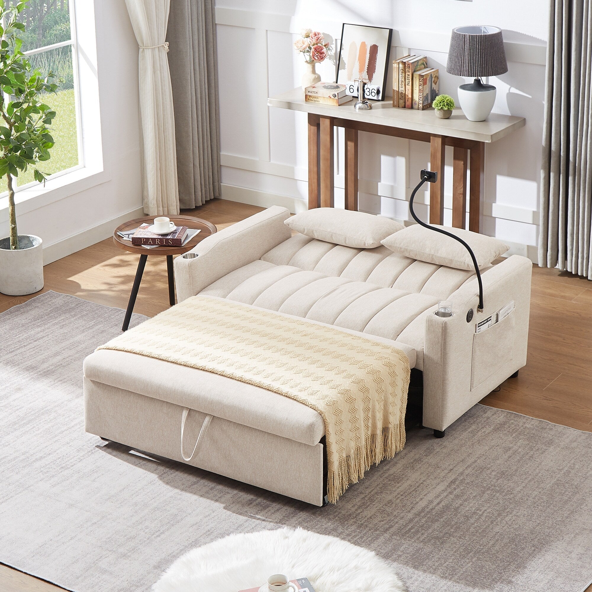 Roomfitters Convertible Loveseat Sofa Bed with USB Ports, Side Pockets, Cup Holders, and Swivel Phone Holder for Living Room