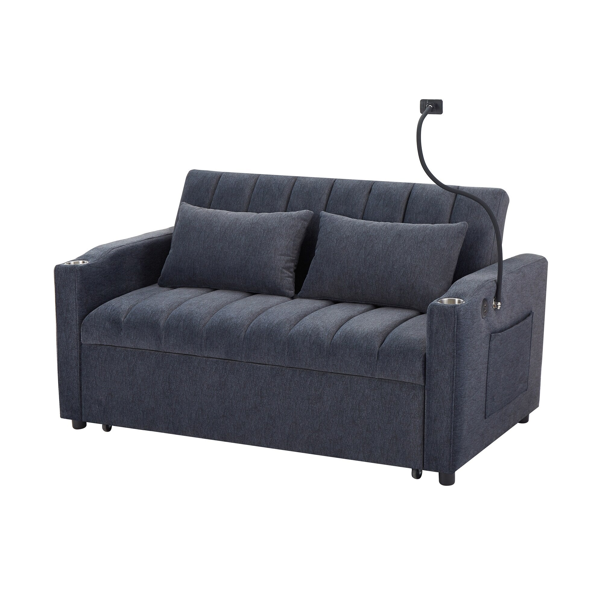 Roomfitters Convertible Loveseat Sofa Bed with USB Ports, Side Pockets, Cup Holders, and Swivel Phone Holder for Living Room