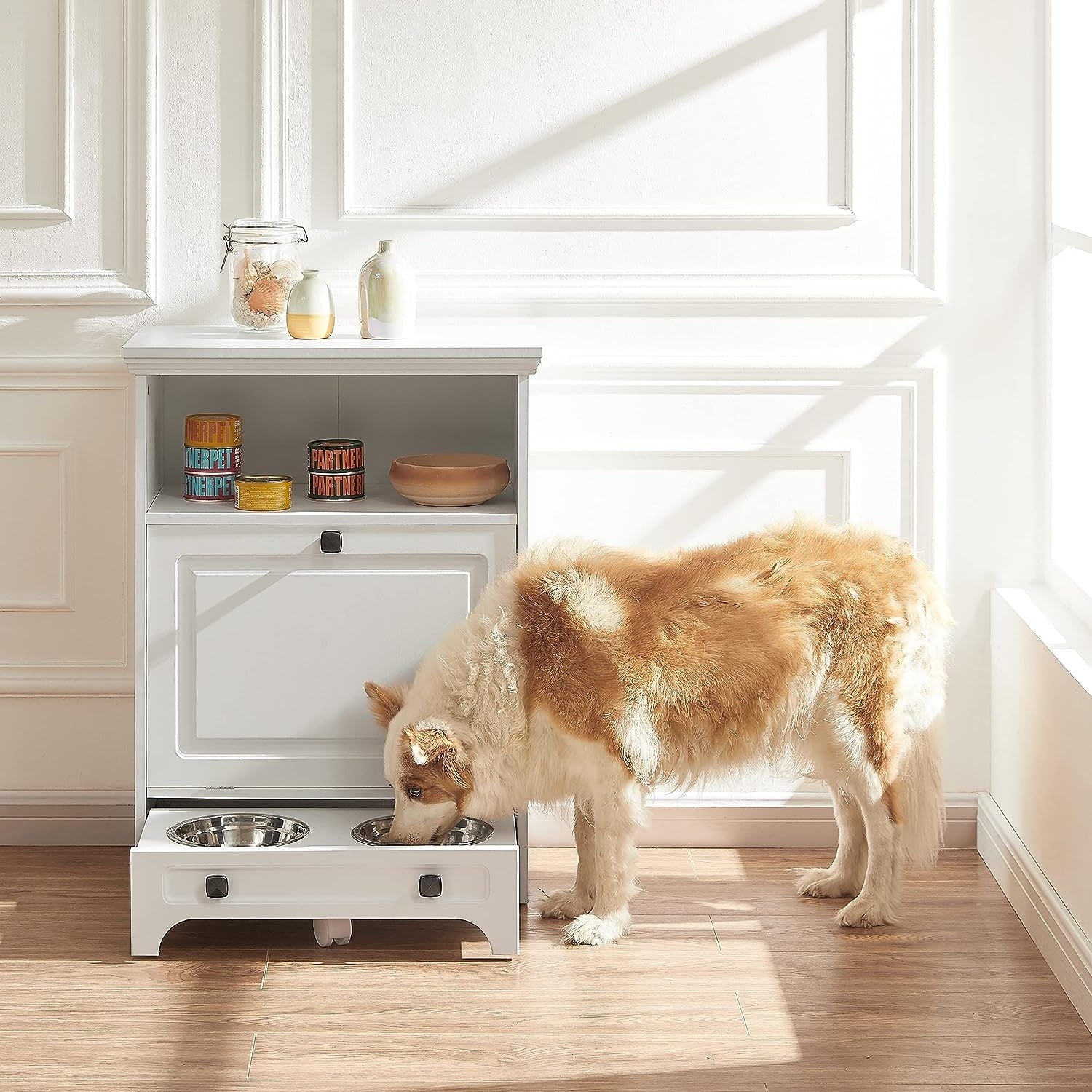 Roomfitters Dog Feeding Station with 2 Elevated Dog Bowls, Tilt Out Pet Feeding Cabinet Station