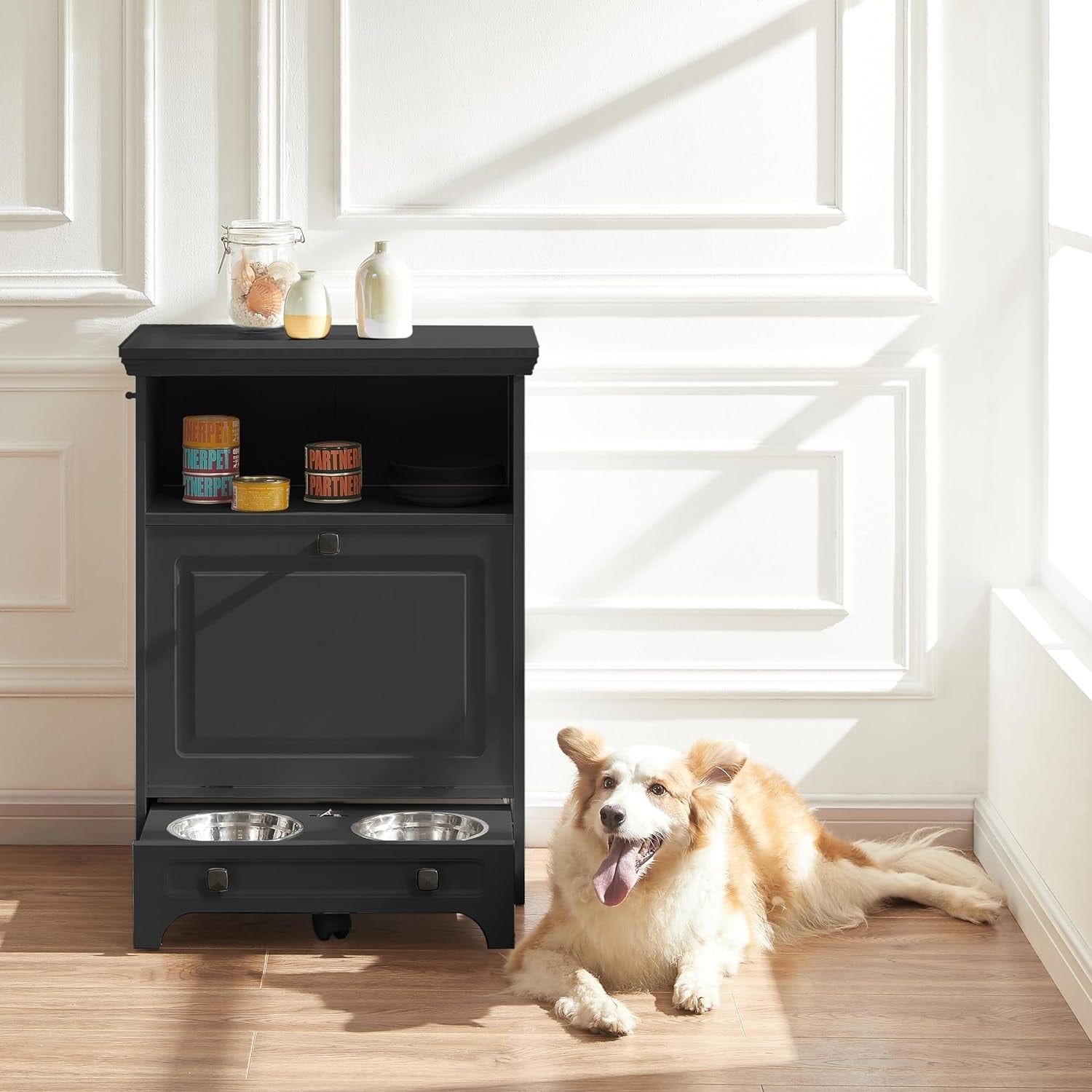 Roomfitters Dog Feeding Station with 2 Elevated Dog Bowls, Tilt Out Pet Feeding Cabinet Station