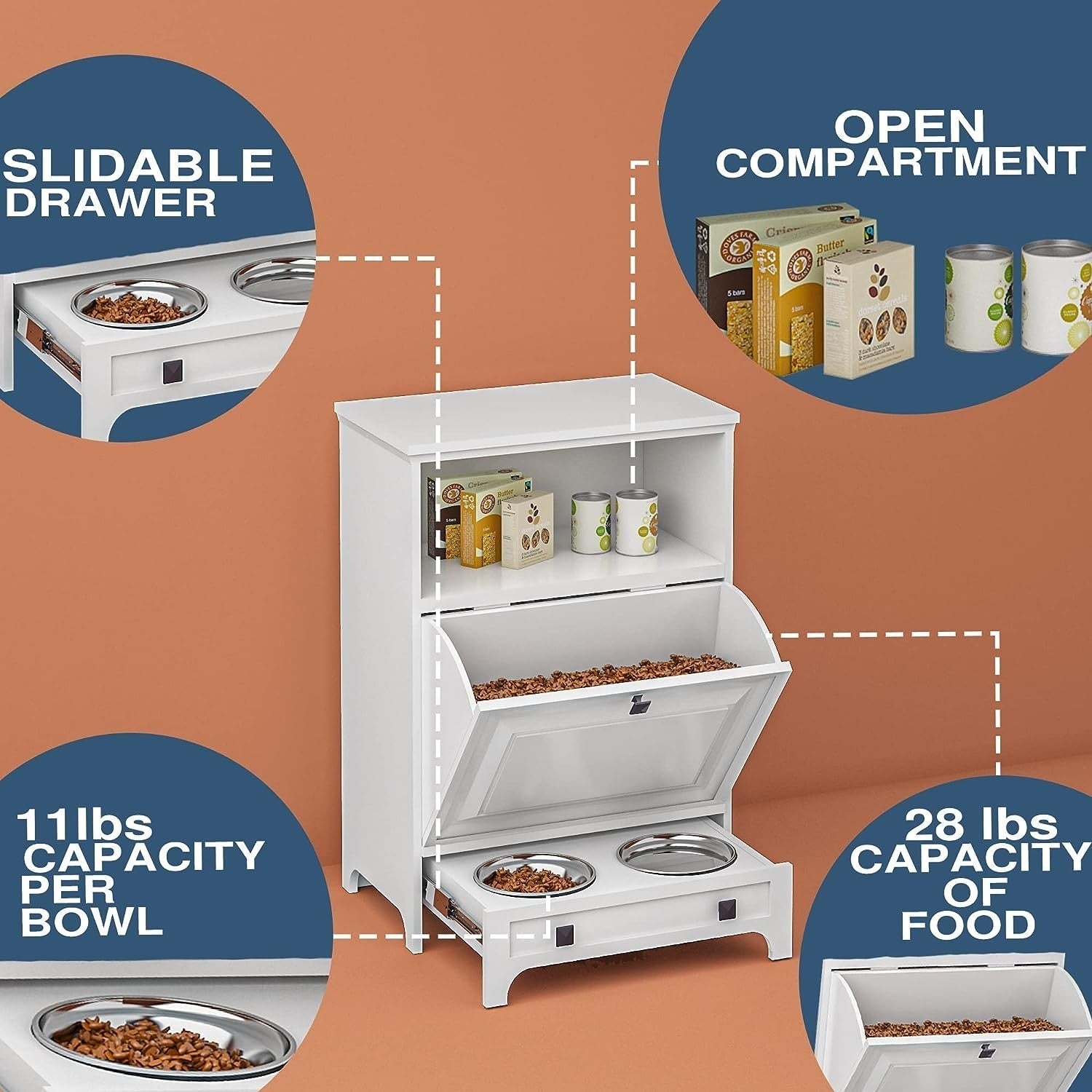Roomfitters Dog Feeding Station with 2 Elevated Dog Bowls, Tilt Out Pet Feeding Cabinet Station