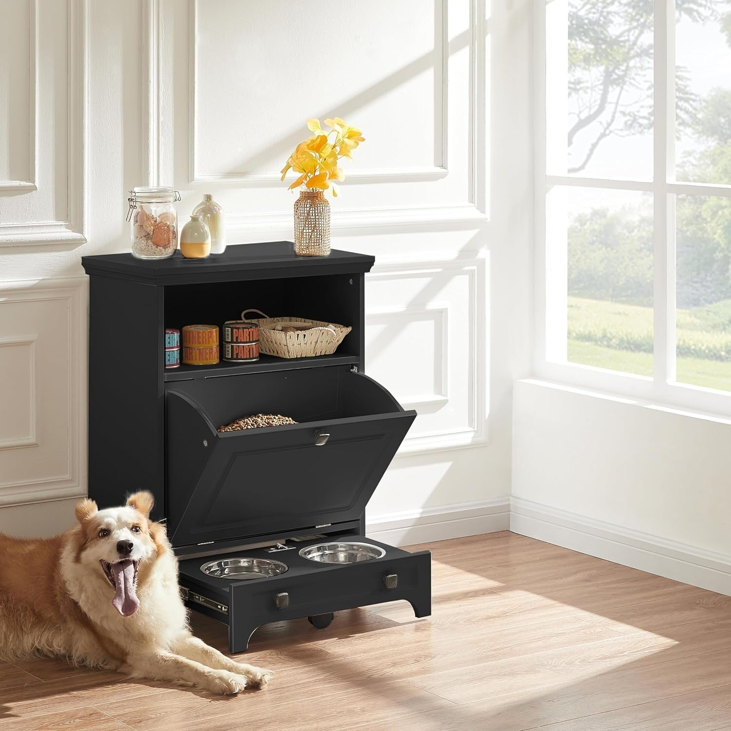 Roomfitters Dog Feeding Station with 2 Elevated Dog Bowls, Tilt Out Pet Feeding Cabinet Station