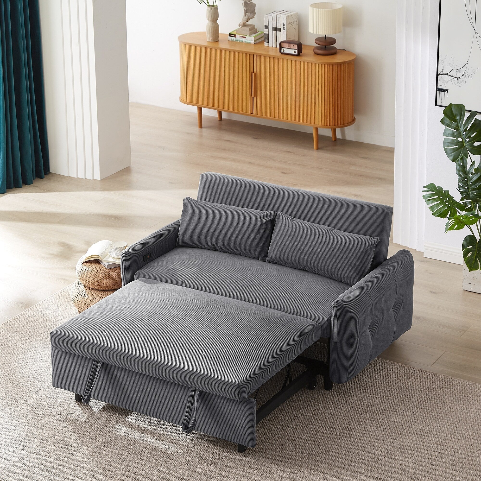 Roomfitters Pull-Out Convertible Loveseat Sofa Bed with Throw Pillows and USB Ports, Modern Sleeper Couch for Living Room