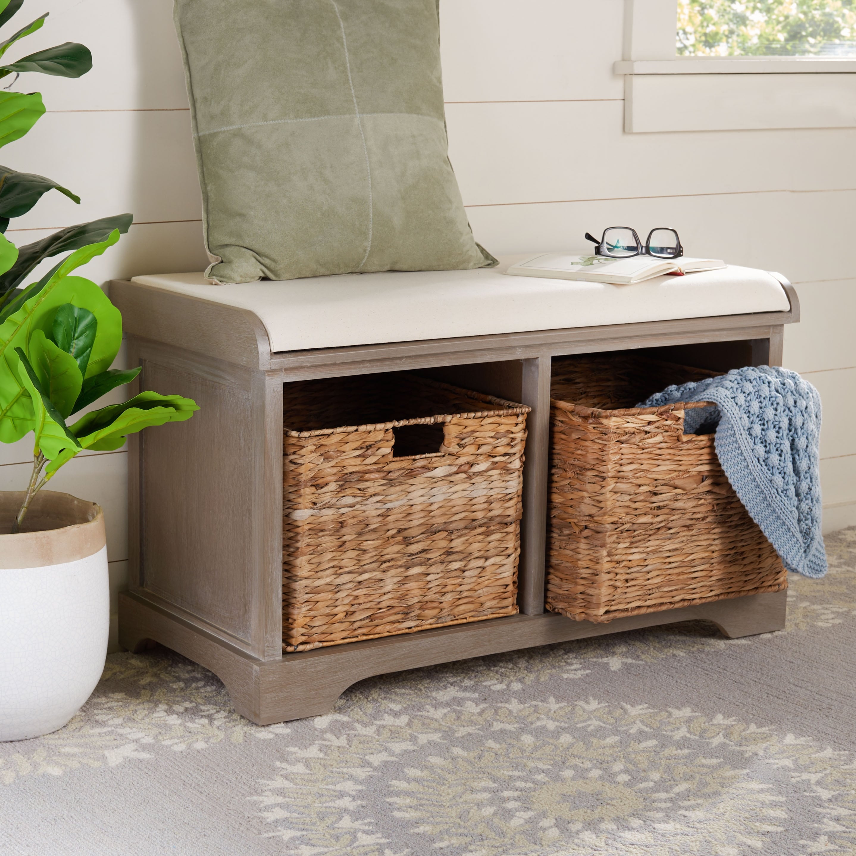 SAFAVIEH Euphemia Brown Woven Storage Basket Bench - 33.5 x 16.1 x 19.9 - 34Wx16Dx20H