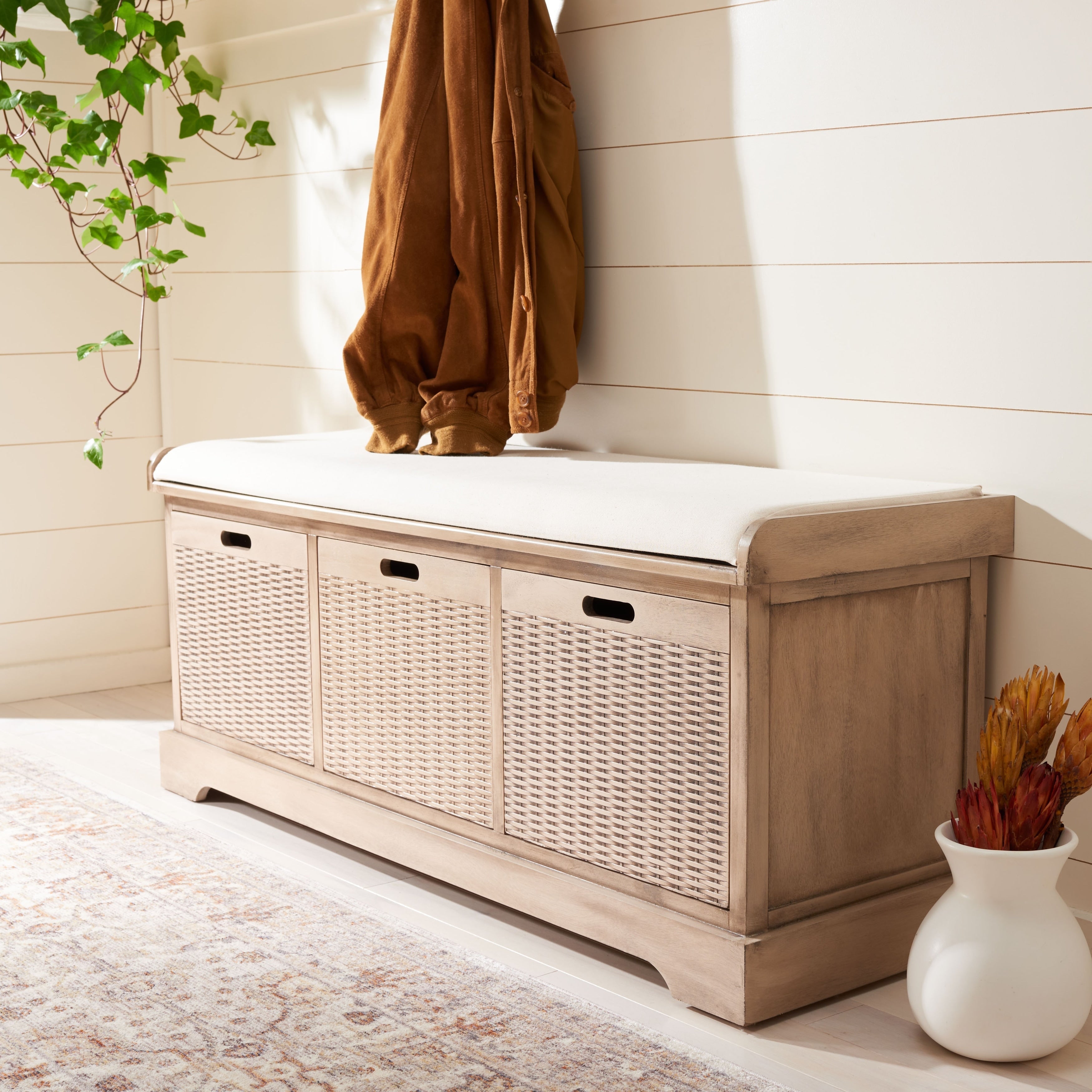 SAFAVIEH Fiorello 3-Drawer with Cushion Storage Bench - 47.3 W x 15 L x 19 H - 47Wx15Dx19H