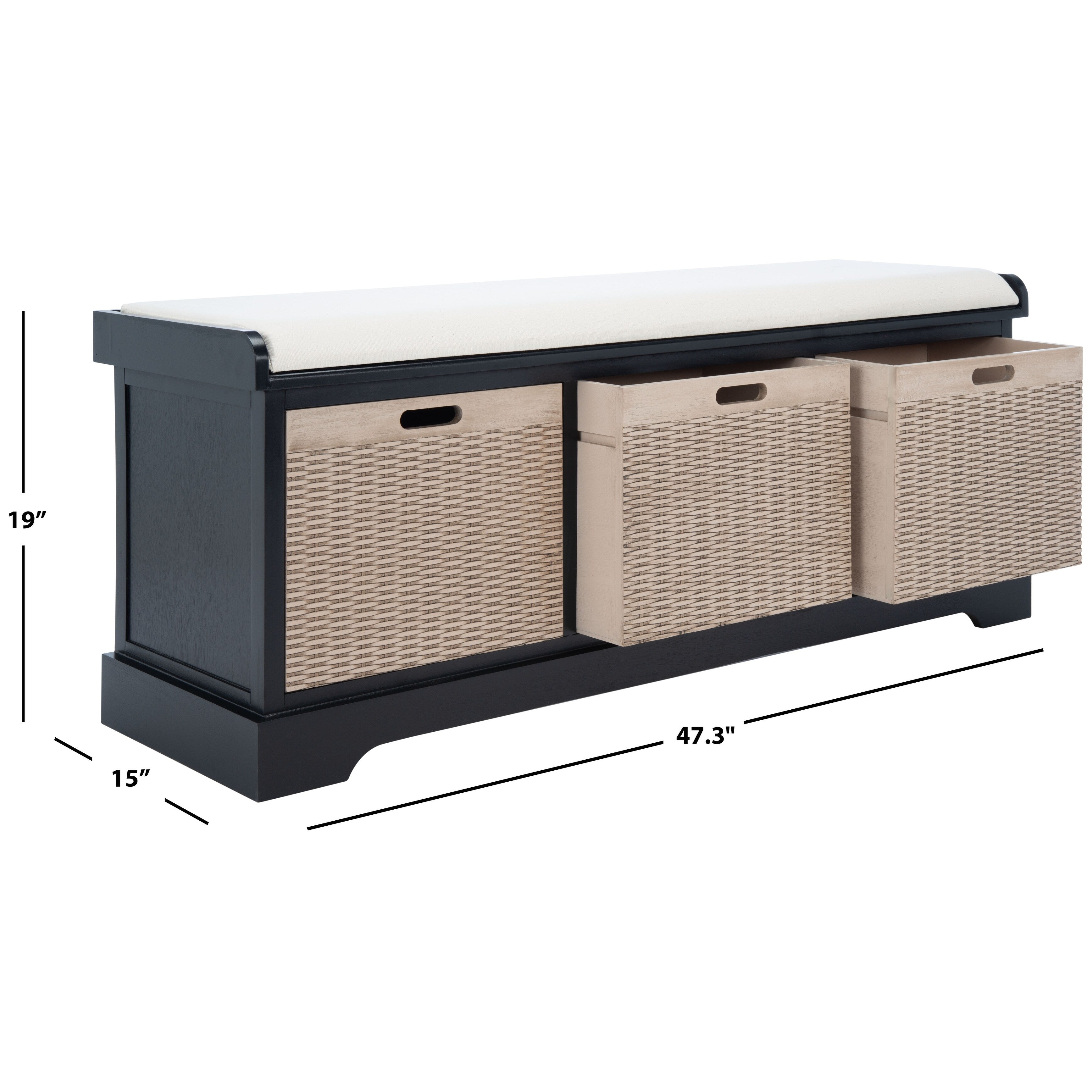 SAFAVIEH Fiorello 3-Drawer with Cushion Storage Bench - 47.3 W x 15 L x 19 H - 47Wx15Dx19H