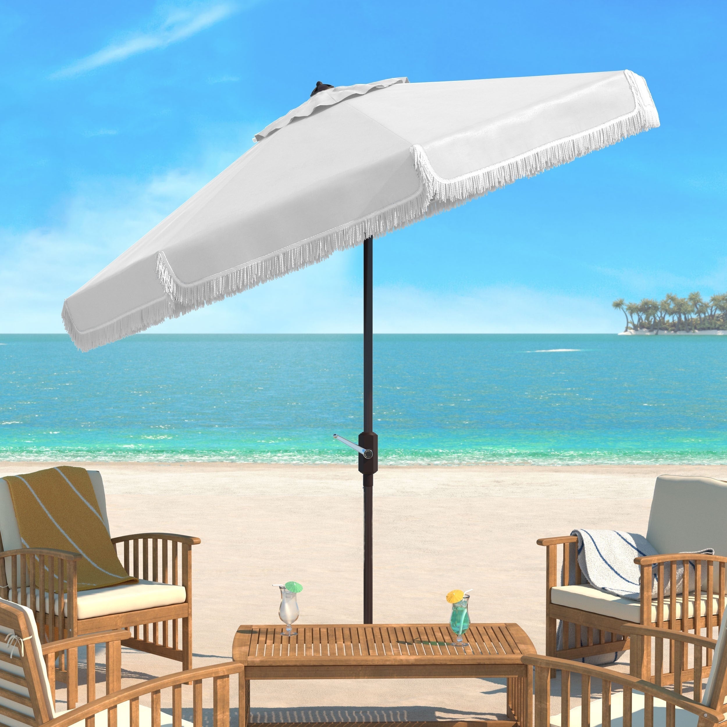 SAFAVIEH Ronette Fringe 9 Ft Crank Outdoor Umbrella