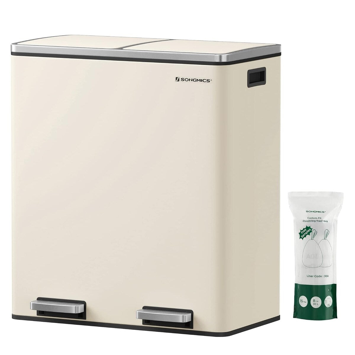 SONGMICS Dual Trash Can, 16 Gallon Stainless Steel Garbage Can, Almond