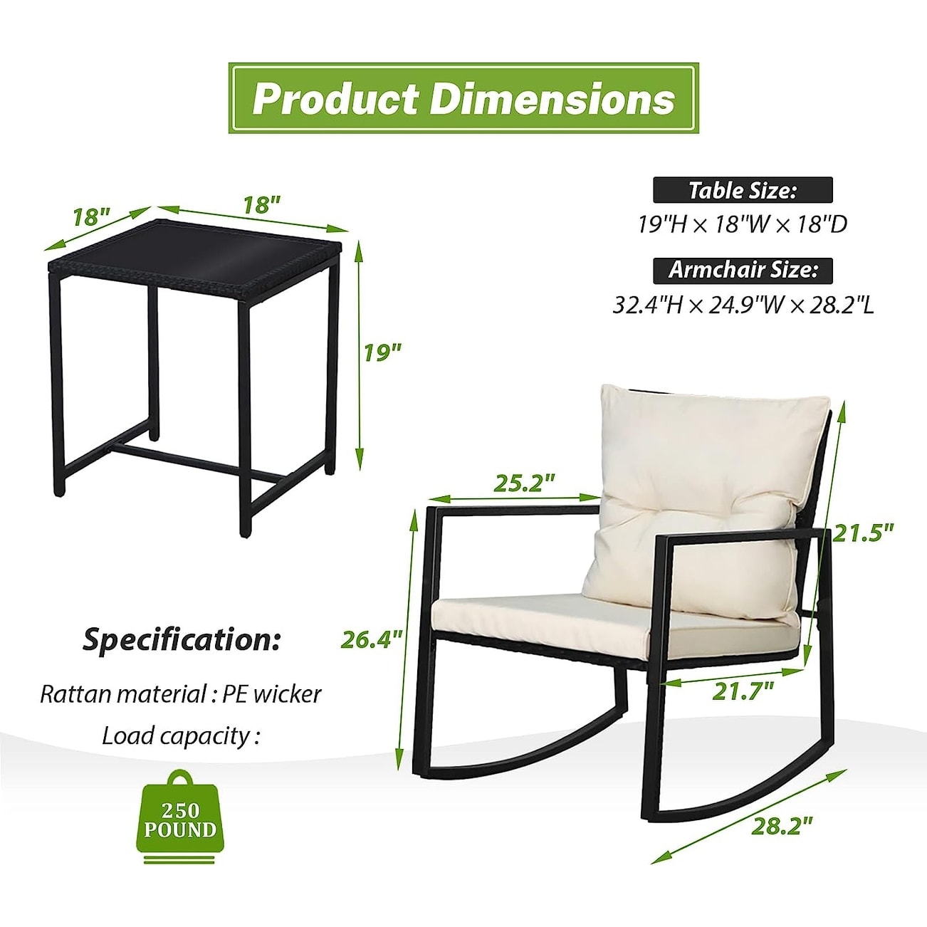 SUNCROWN 3-Piece Black Metal Outdoor Patio Rocking Bistro Set