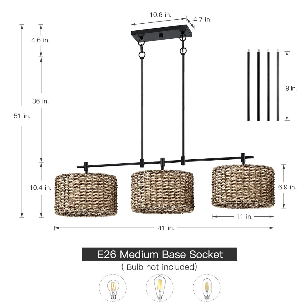 Sedgy 3-Light Black Farmhouse Kitchen Island Light Linear Chandelier - 41W