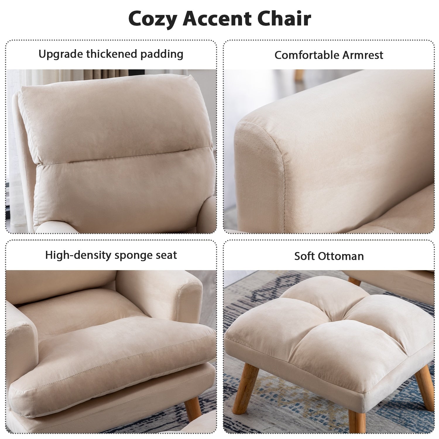 Soft Fabric Casual Living Room Armchair With Adjustable Backrest And Legs Stool