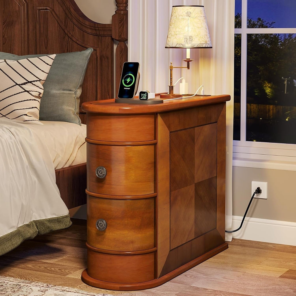 Solid Wood Chairside End Table, Two-Drawer Narrow Side Table Slim