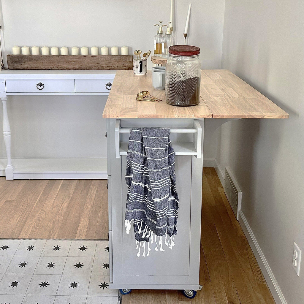 Sophia & William Kitchen Island Cart with Drop-Leaf and Rubber Wood Top, Rolling Kitchen Trolley Cart with Large Storage Cabinet