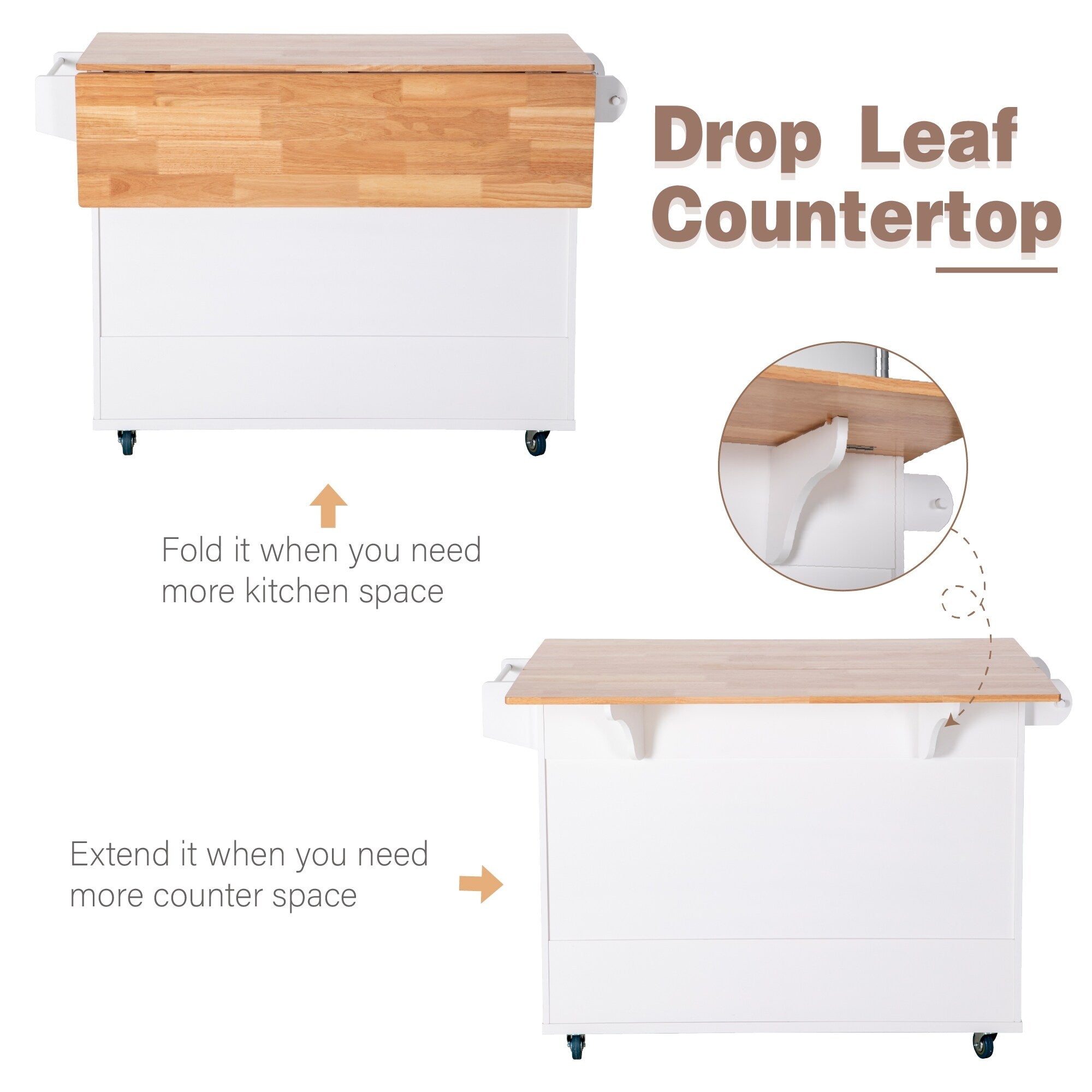 Sophia & William Kitchen Island Cart with Drop-Leaf and Rubber Wood Top, Rolling Kitchen Trolley Cart with Large Storage Cabinet